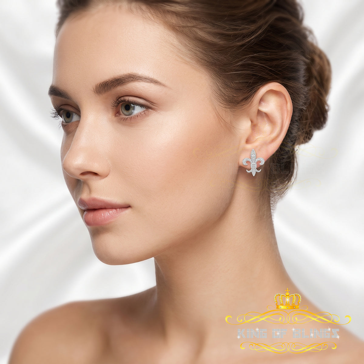 King of Bling's 925 White Silver Fleur de Lis Screw Back 0.25ct Cubic Zirconia Ladies Earrings KING OF BLINGS