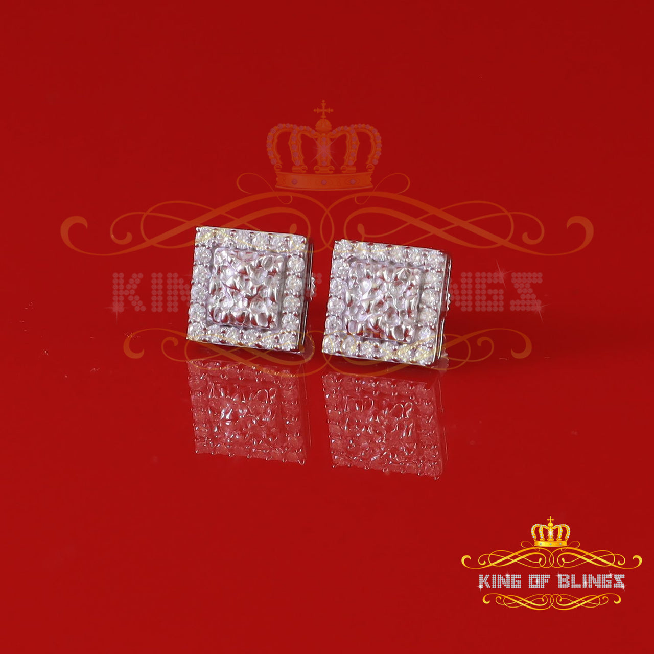 King of Bling's 1.00ct Moissanite White 925 Sterling Silver Women's Square Shape Nugget Earrings