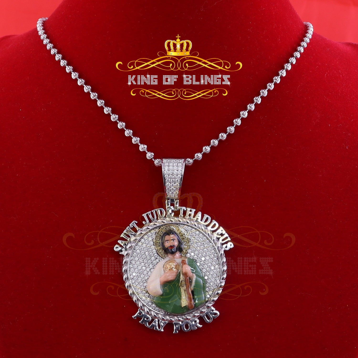 King Of Bling's SAINT JUDE THADDEUS Sterling Silver White Pendant with 2.0ct Genuine Moissanite KING OF BLINGS