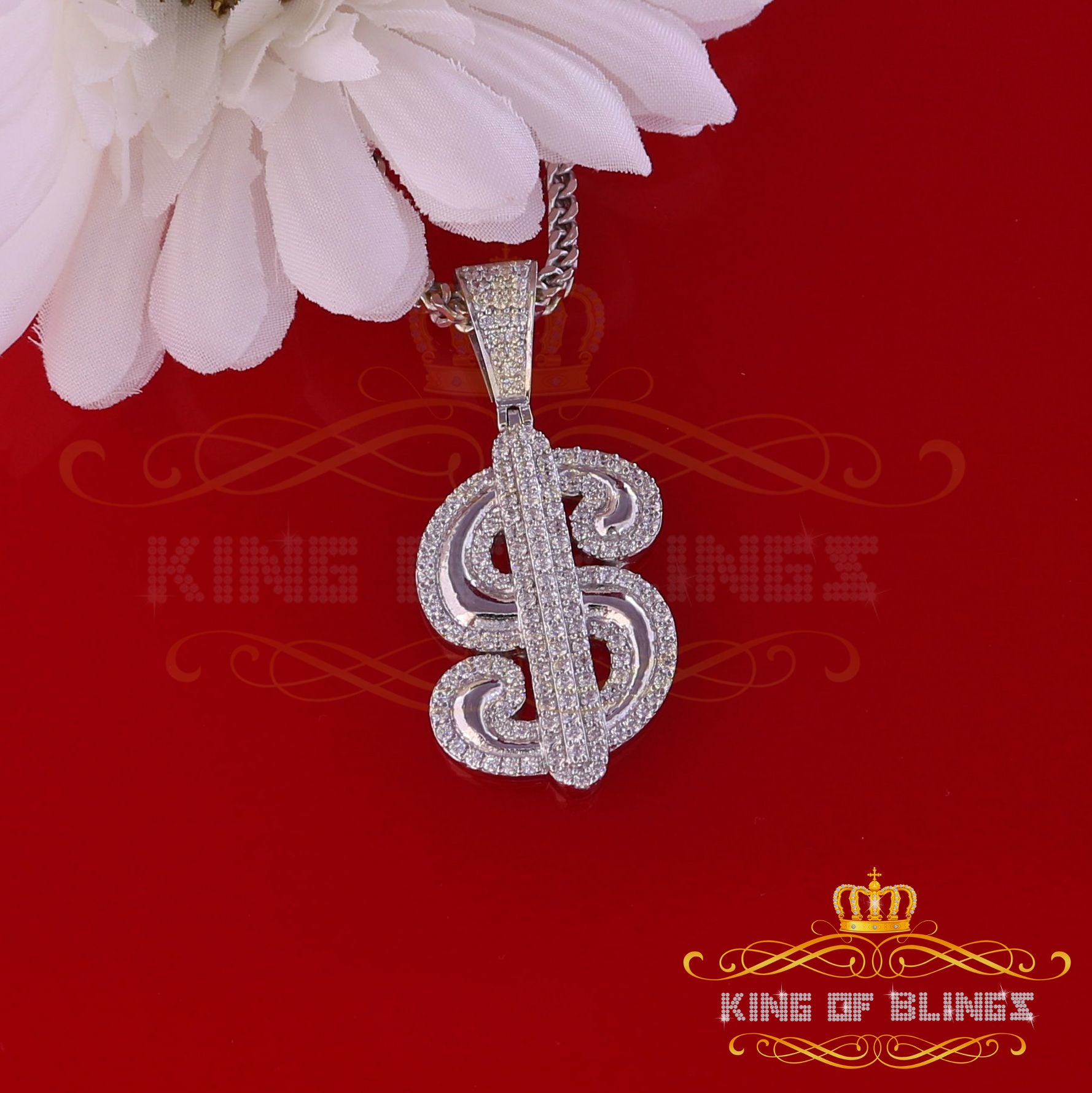 White 925 Sterling Silver Dollar Sign Pendant with 3.05ct Cubic Zirconia Stone KING OF BLINGS