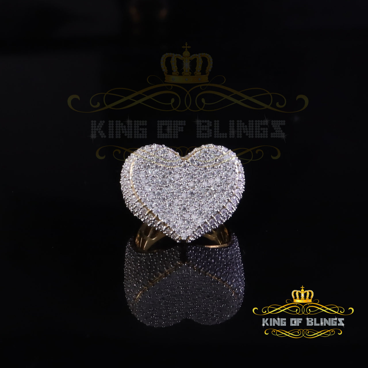 King of Bling's Women's 925 Yellow Silver 5.00ct Round VVS D Clr Moissanite Big Heart Ring SZ 7