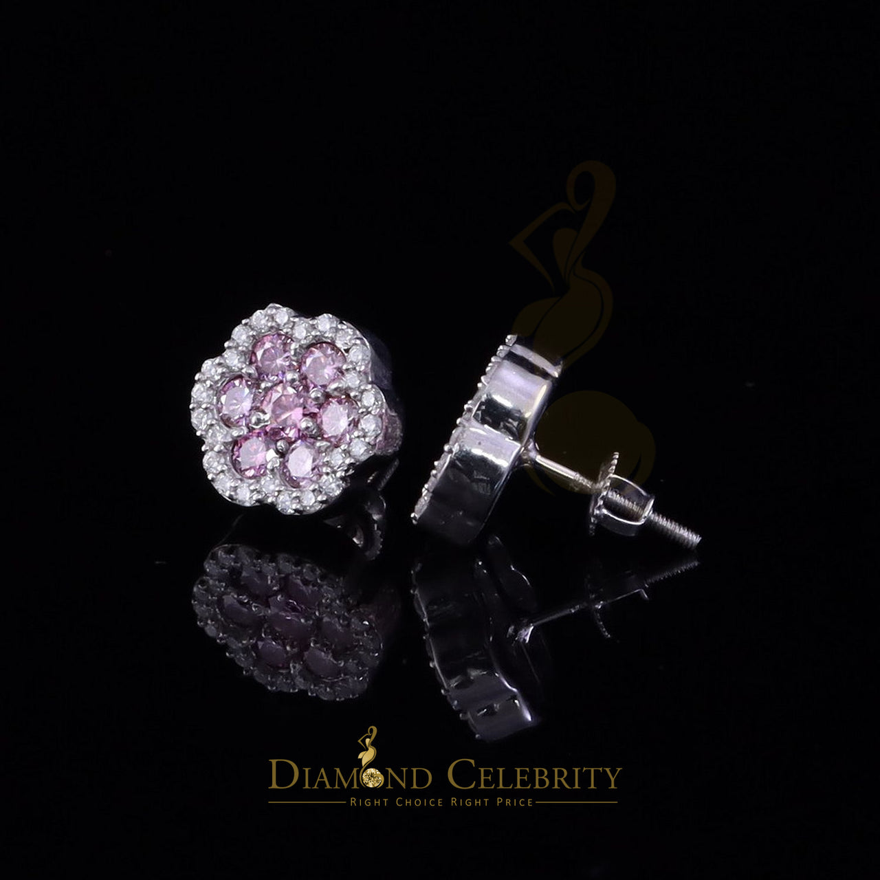 Diamondcelebritess Men's/Women's 925 Silver White 1.50ct VVS D Pink Moissanite Floral Stud Earrings