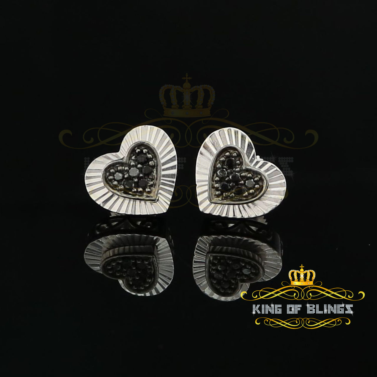 King Of Bling's Aretes Para Hombre Heart 925 White Silver 0.12ct Black Diamond Ladies Earrings