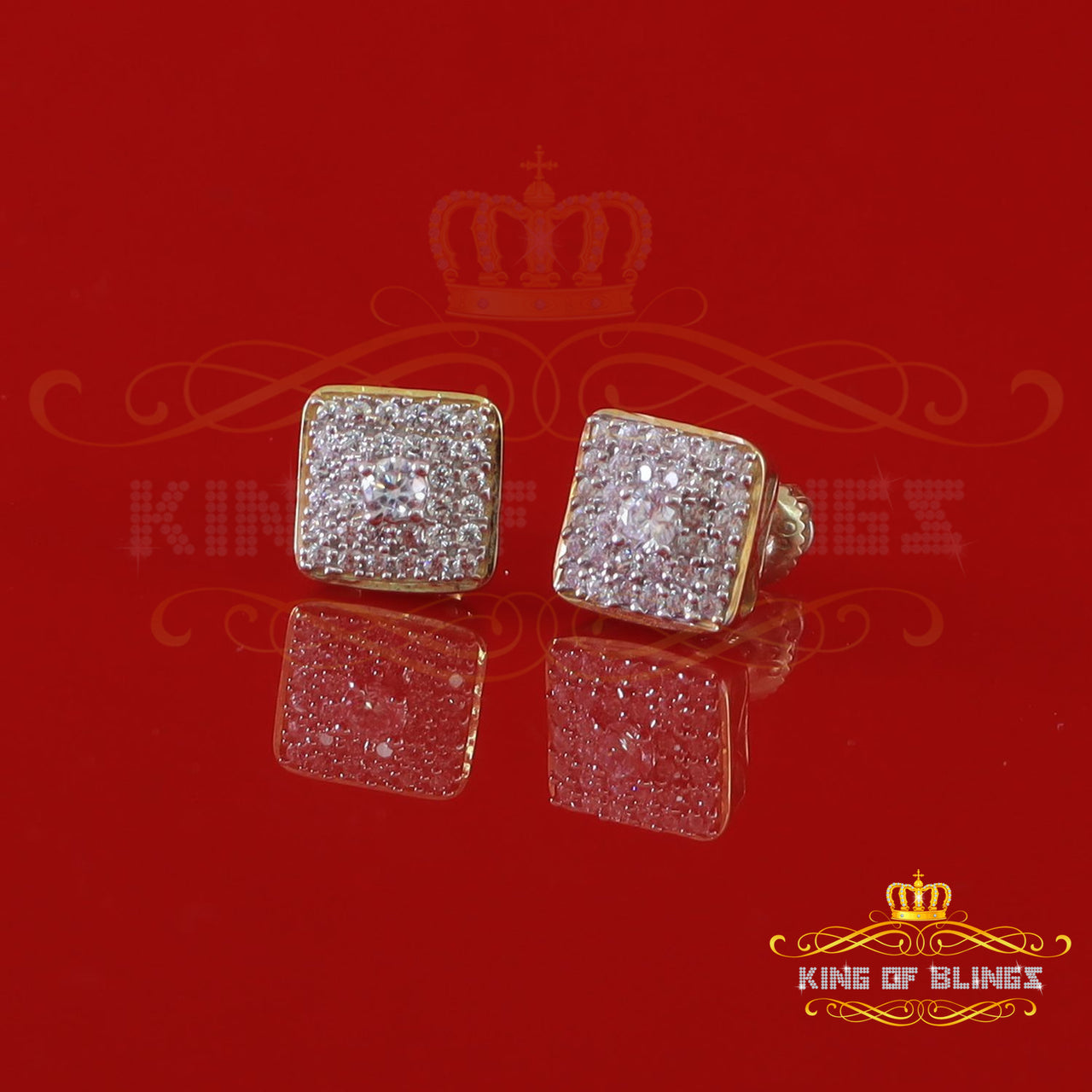 King of Bling's 925 Yellow Silver 0.81ct Cubic Zirconia Women's & Men's Hip Hop Square Earrings