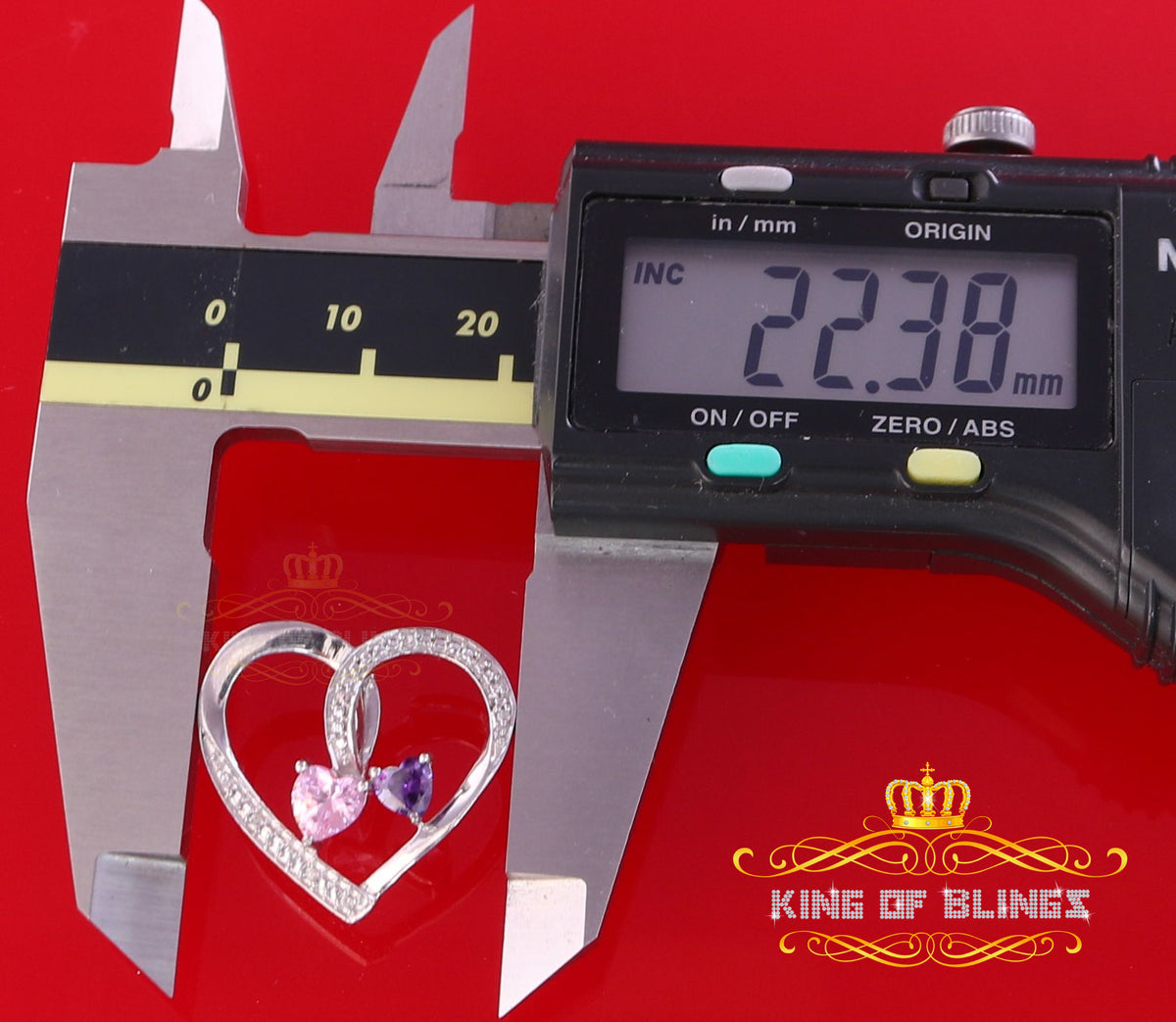 King Of Bling's Two Stones Pink Blue Heart Solitaire 0.1ct Silver Diamonds White Charm Pendant KING OF BLINGS