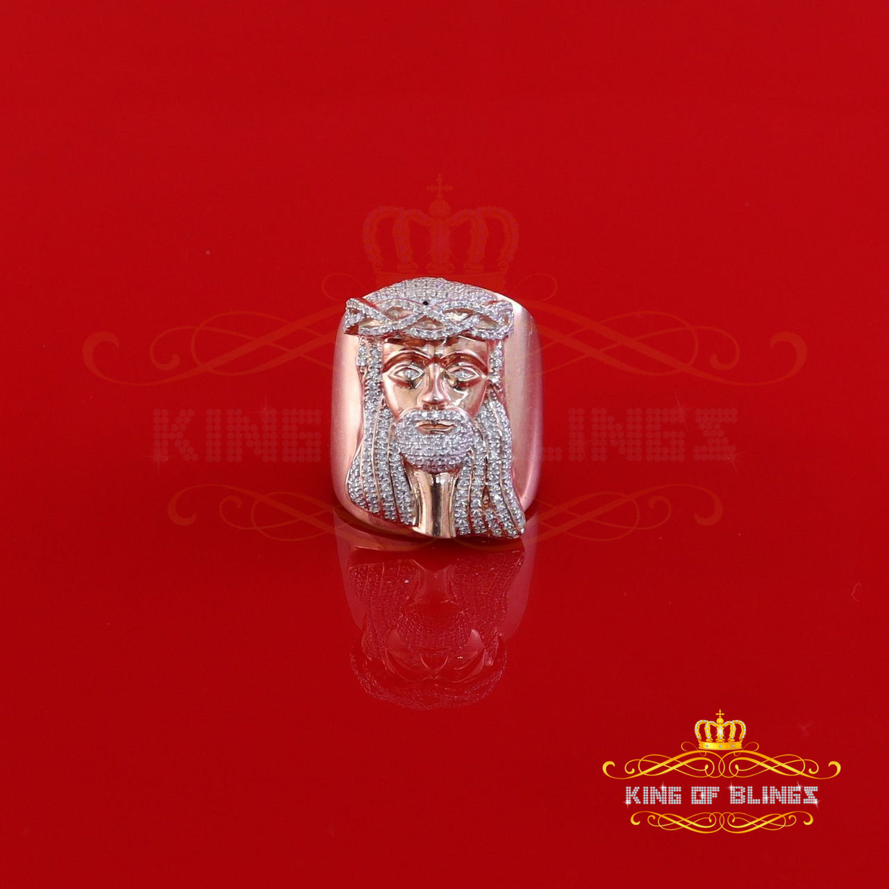 King Of Bling's Rose Gold Silver 2.00CT Cubic Zirconia Men's Jesus Christ adjustable Ring Size 9
