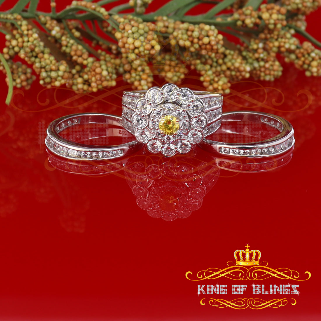 King Of Bling'sWhite Silver 7.50ct CZ Flower 7 stone Double Halo Bridal Women's Ring Size 7 KING OF BLINGS