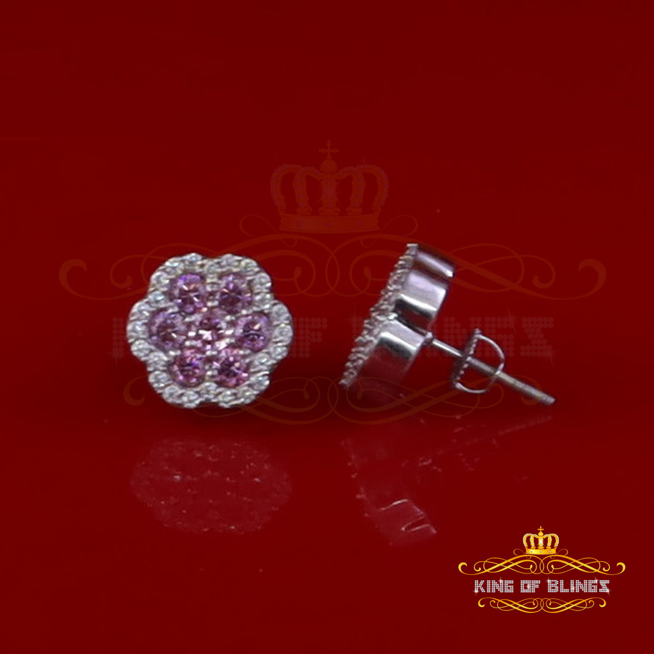 King of Bling's Men's/Women's 925 Silver White 1.50ct VVS D Pink Moissanite Floral Stud Earrings