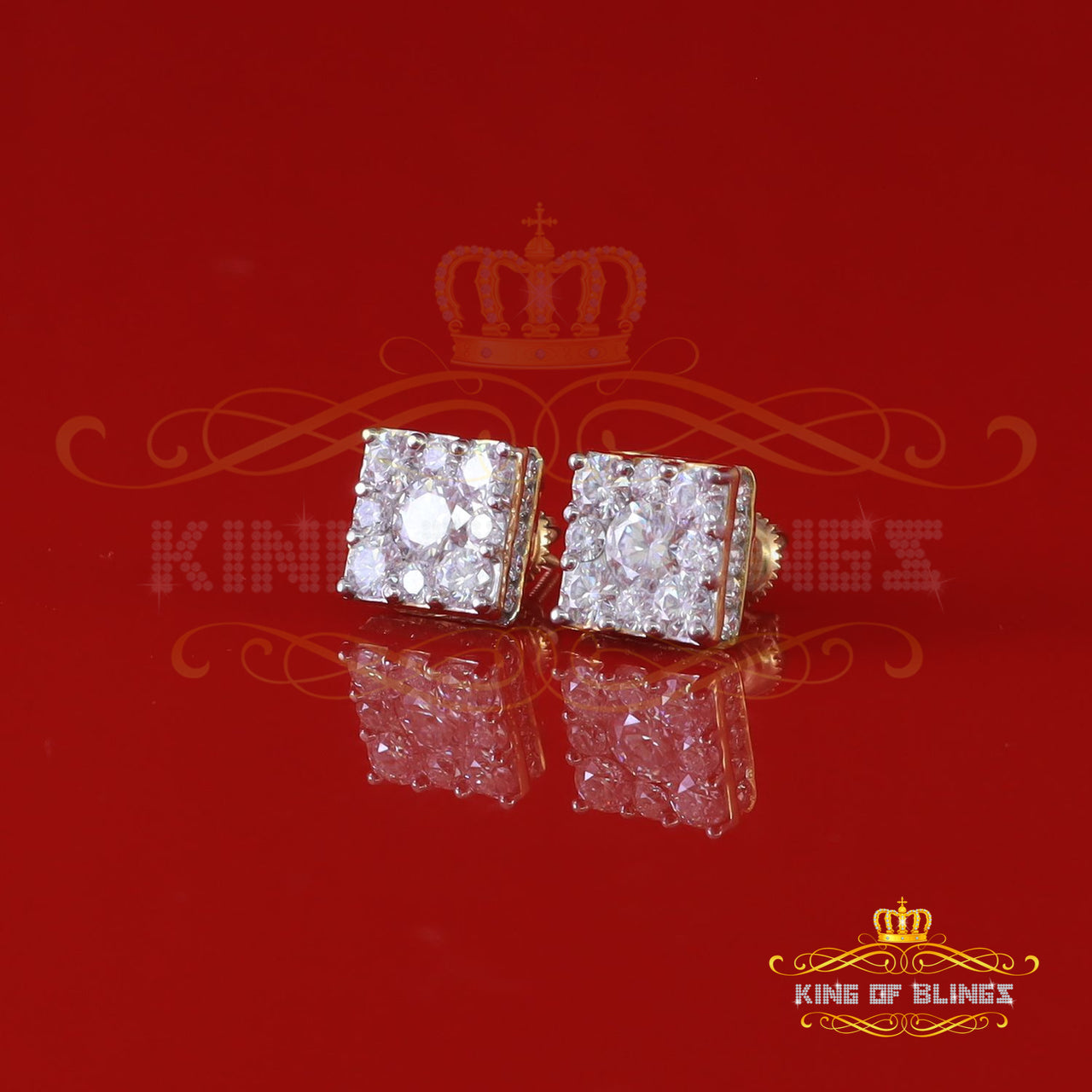King Of Bling's Real Moissanite Square Earrings 10k Real Yellow Gold 4.50ct VVS 'D' Color