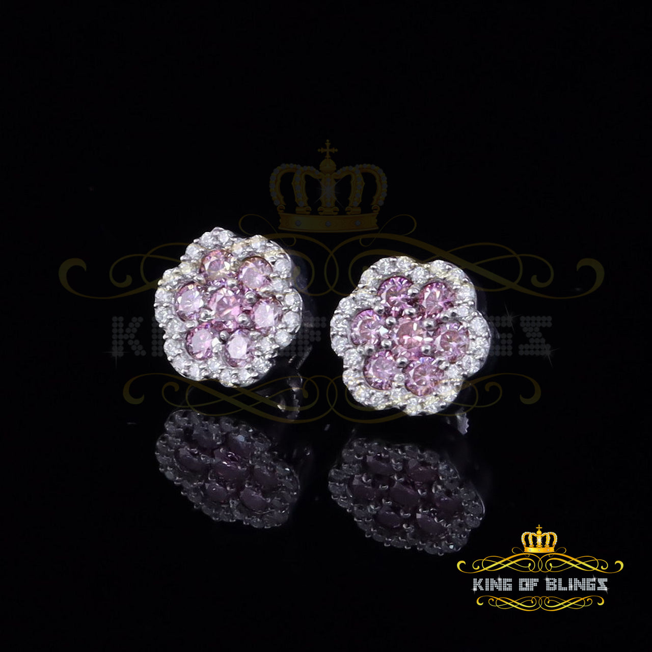 King of Bling's Men's/Women's 925 Silver White 1.50ct VVS D Pink Moissanite Floral Stud Earrings