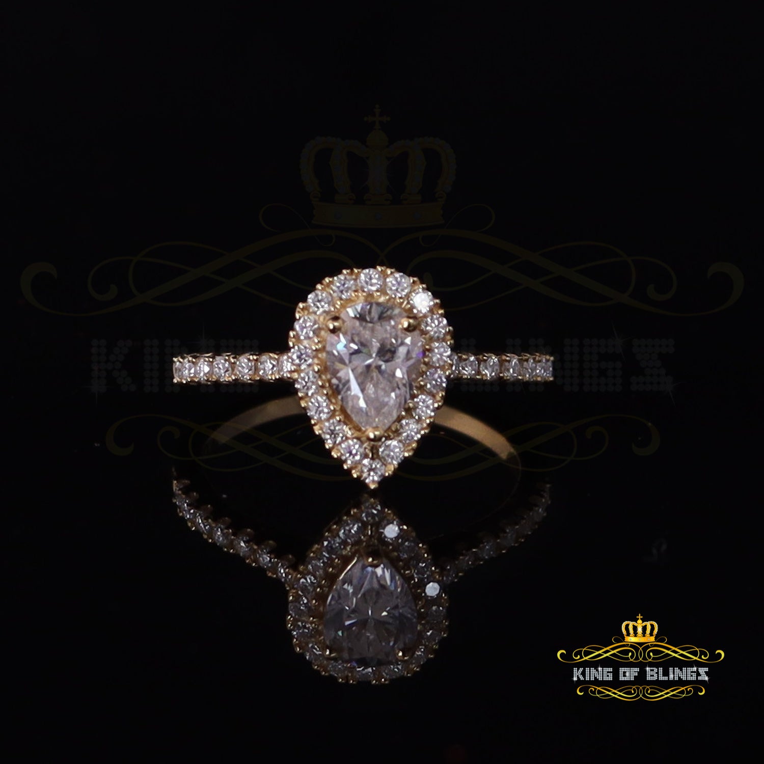 King Of Blings  10K Yellow Gold 1.50CT 'VVS' 'FL' D clr Pear Cut Moissonite Womens Ring Size 7 KING OF BLINGS