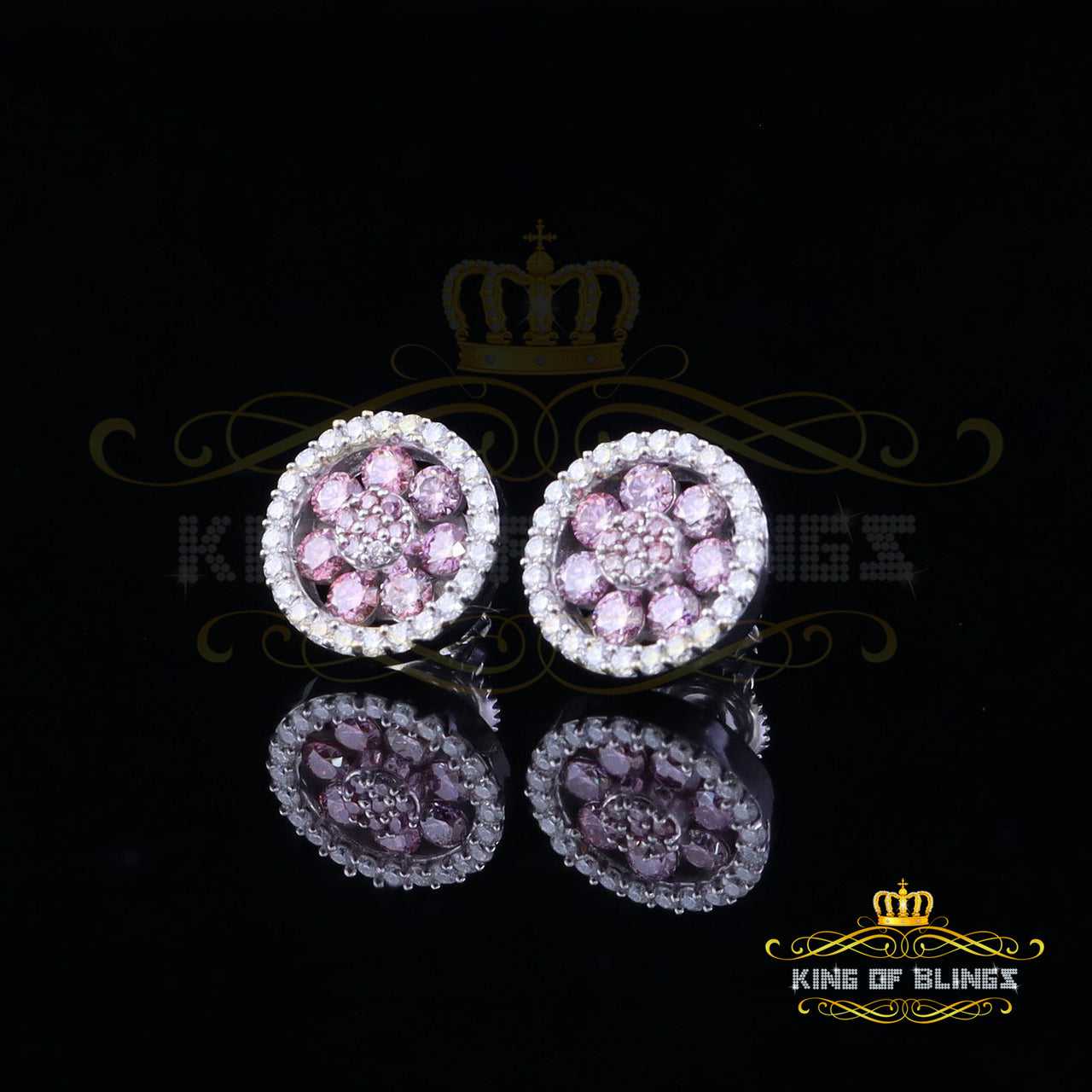 King of Bling's Women's 925 Silver White 1.50ct VVS 'D' Pink Moissanite Round Stud Earrings