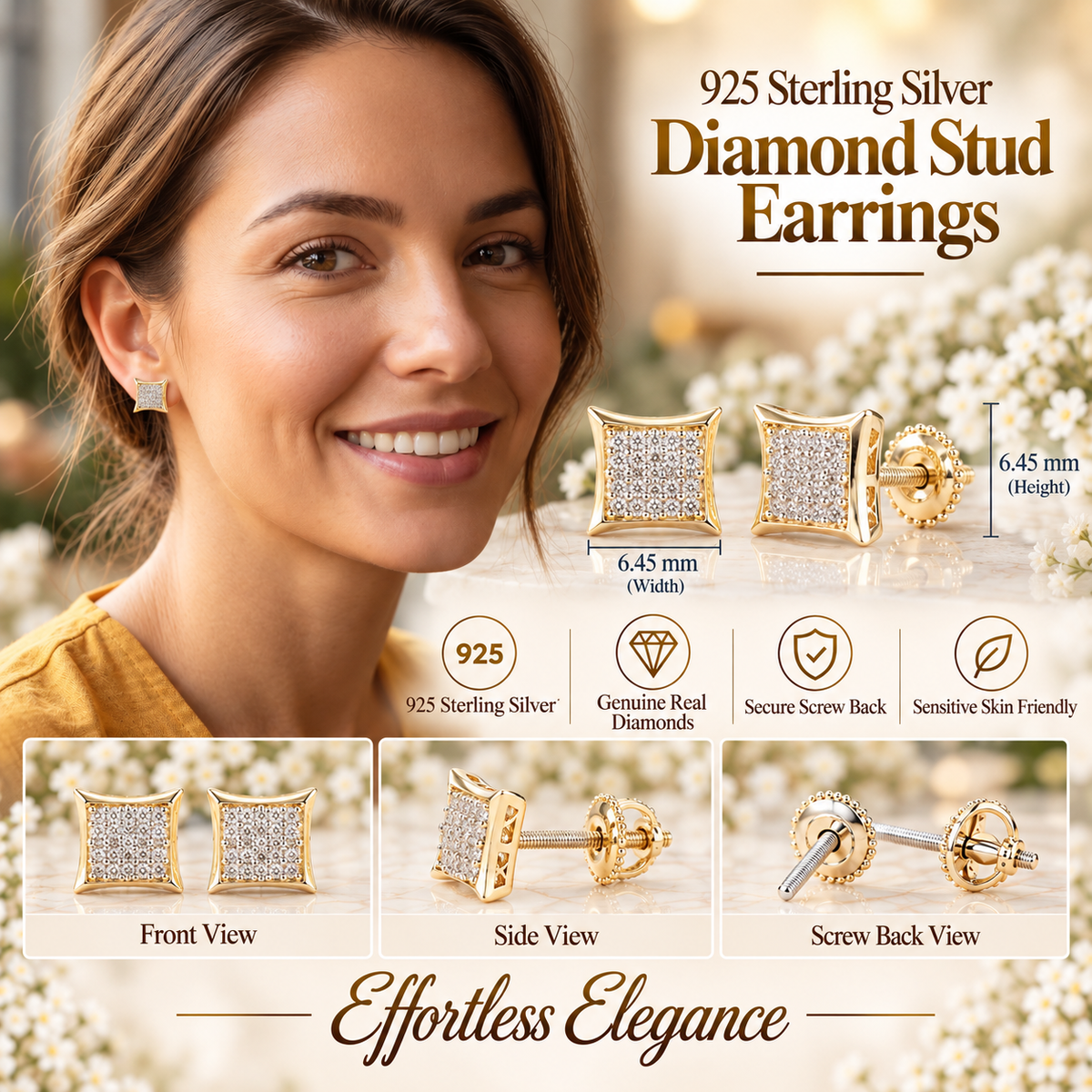 King Of Bling's 925 Sterling Yellow Silver Kite Shape 6.45MM size 0.10 CT Diamond Stud Earrings KING OF BLINGS