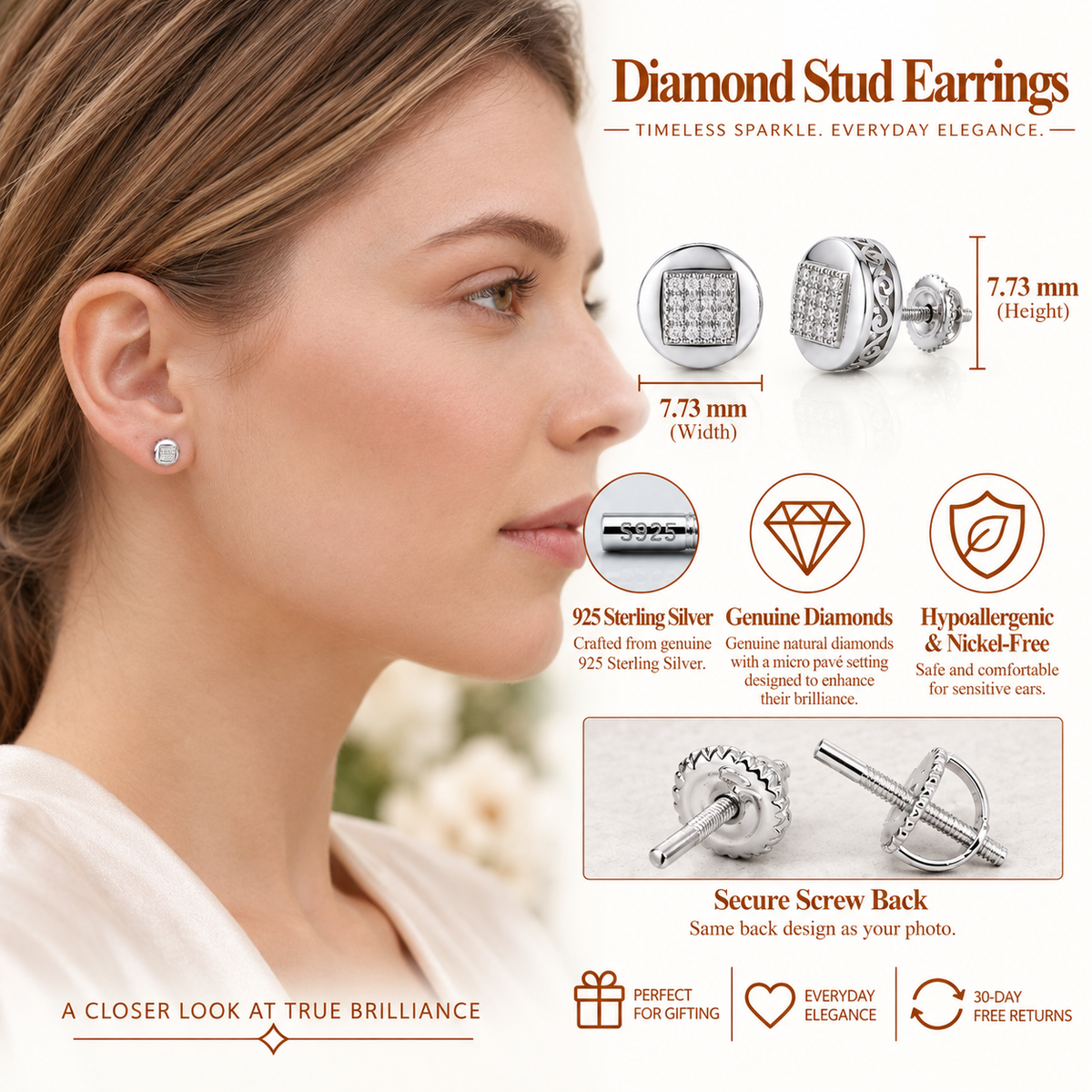 King Of Bling's 0.10ct Diamond 925 Sterling Silver White For Women's & Men's Round Stud Earring KING OF BLINGS