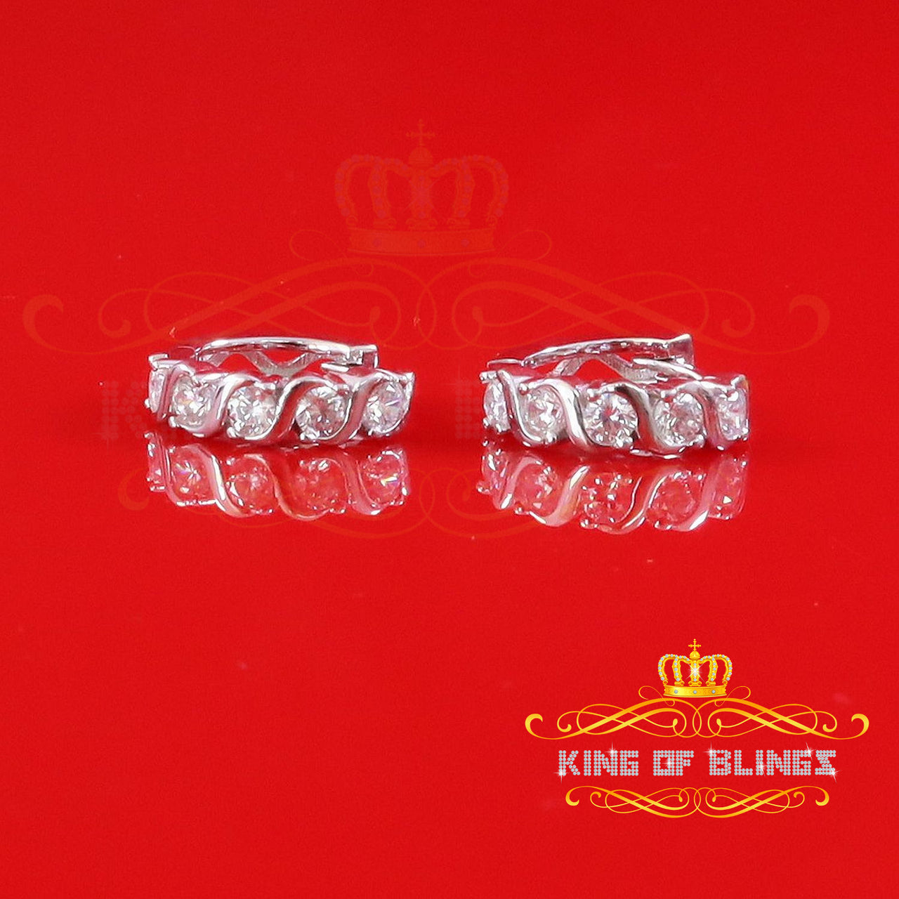 King of Bling's 925 White Silver Cubic Zirconia Hip Hop Women's & Men's Huggie Hoop Earrings