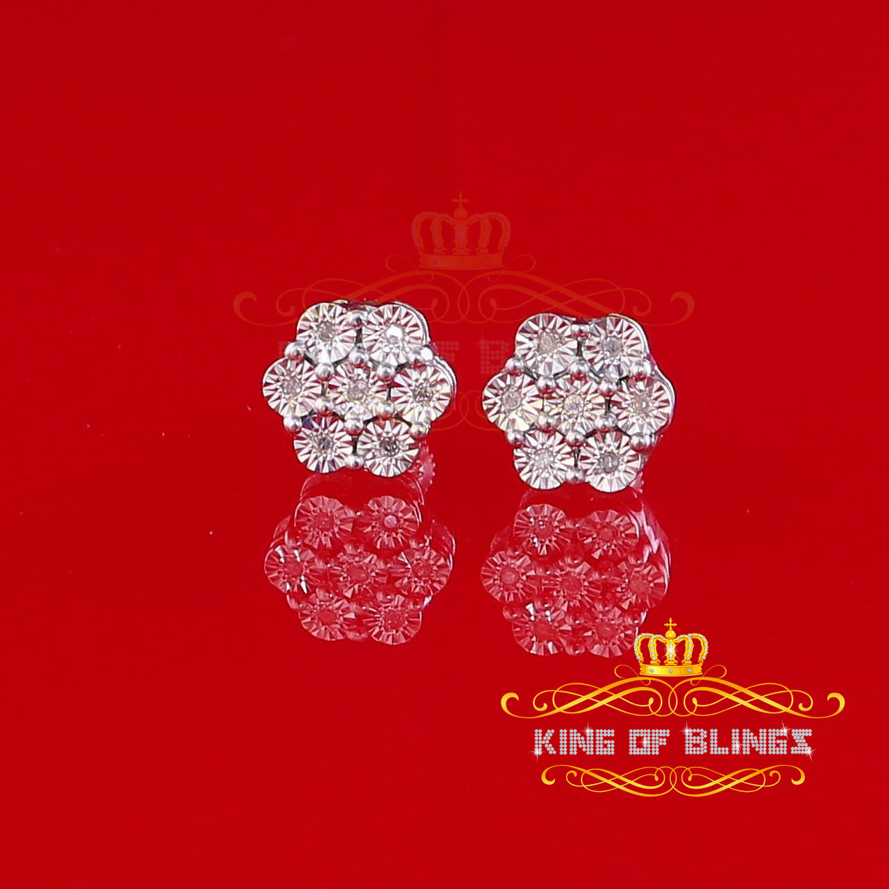 King Of Bling's 0.05ct Diamond 925 Sterling Silver White Floral Style Earrings For Men / Women