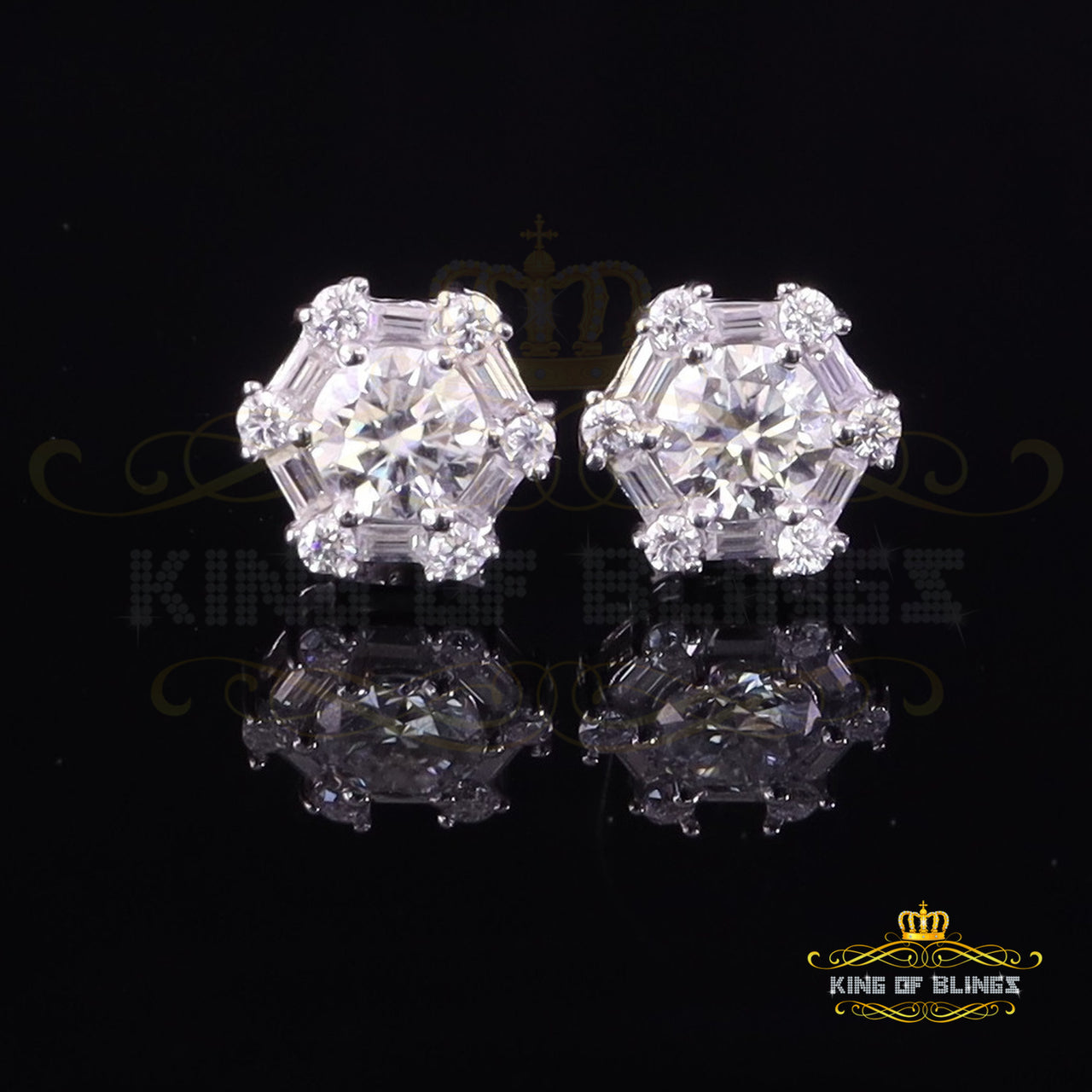 King of Bling's Men's/Womens 925 Silver White 1.50ct VVS 'D' Moissanite Hexagon Stud Earrings KING OF BLINGS