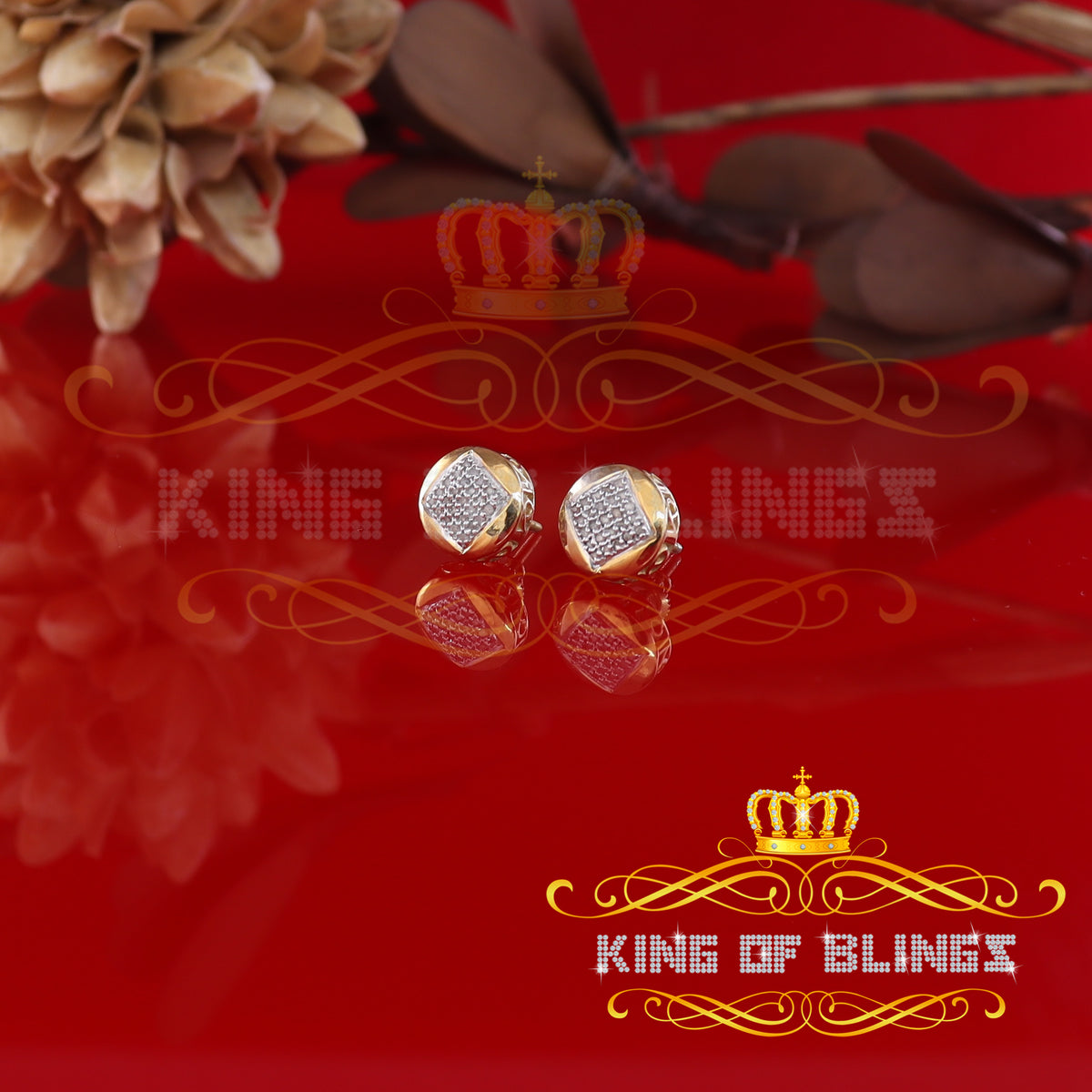 King of Blings-0.15ct Real Diamond 925 Sterling Silver Yellow For Women's & Men's Round Earring KING OF BLINGS