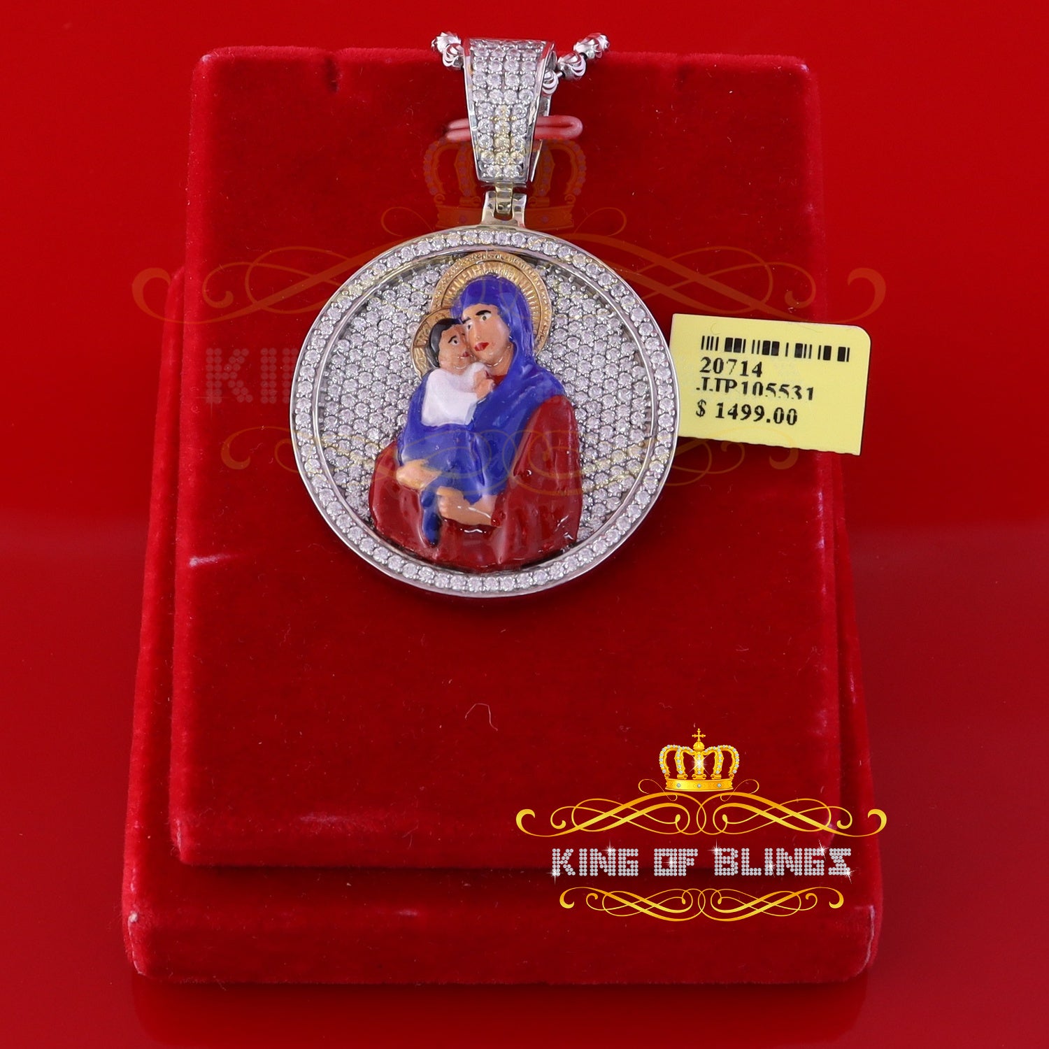 King Of Bling's 5.00ct Moissanite White 925 Silver Jesus & Mother Marry Round 1.50 inch Pendant KING OF BLINGS