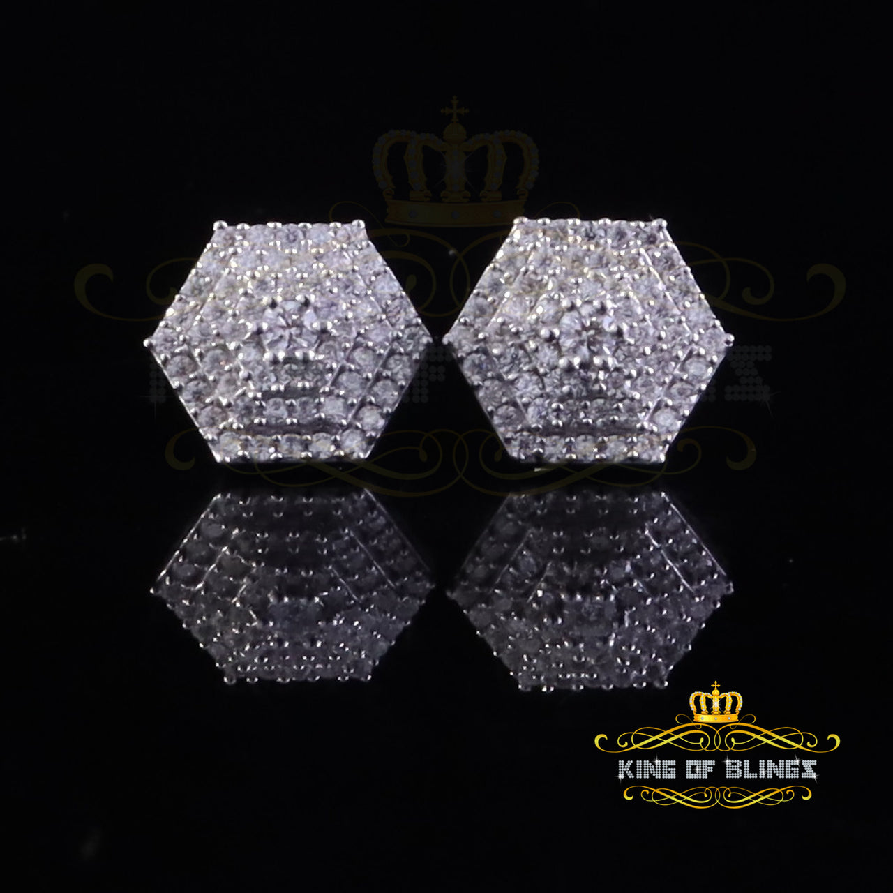 King of Bling's 1.0ct VVS 'D' Moissanite Men's/Womens 925 Silver White Hexogonal Stud Earrings KING OF BLINGS