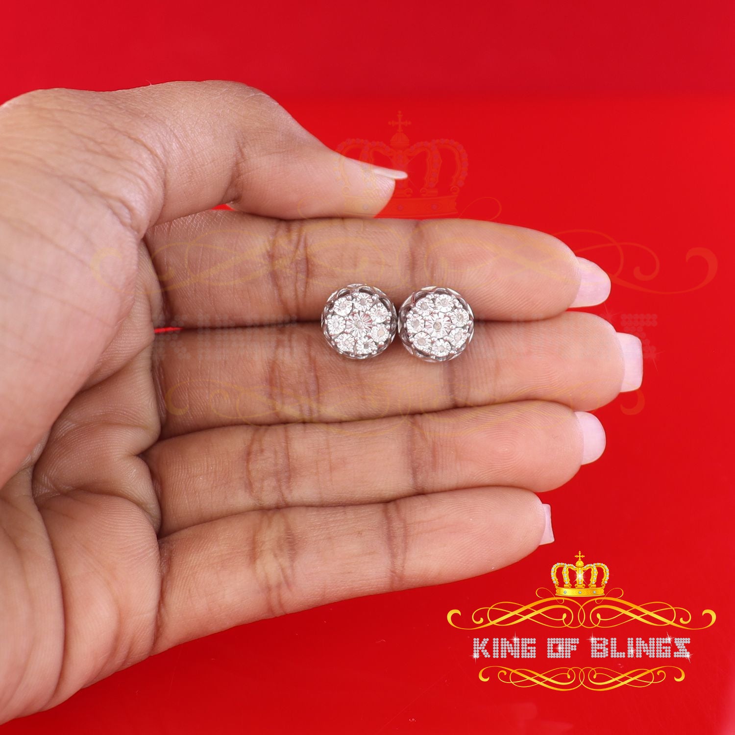 King Of Bling's 925 Sterling Silver White 0.07ct Diamond For Men's & Women's Floral Earrings KING OF BLINGS