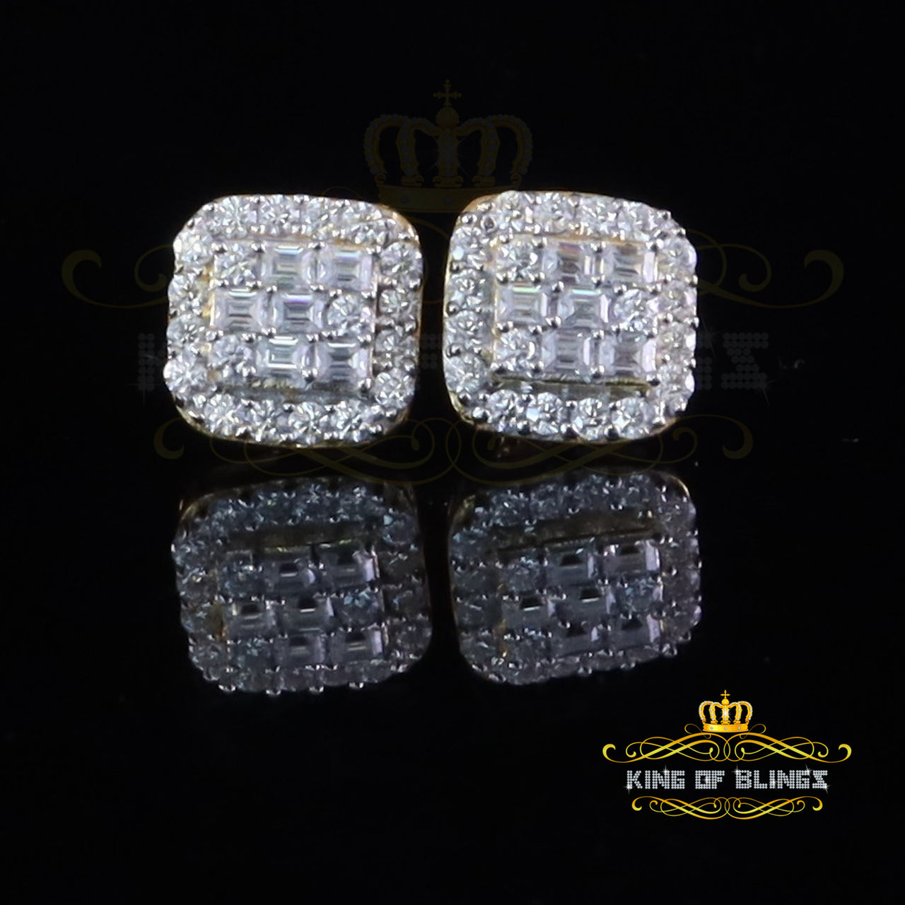 King  of Bling's Yellow 925 Silver 1.50ct VVS 'D' Baguette Moissanite Stud Earrings Men's/Womens KING OF BLINGS
