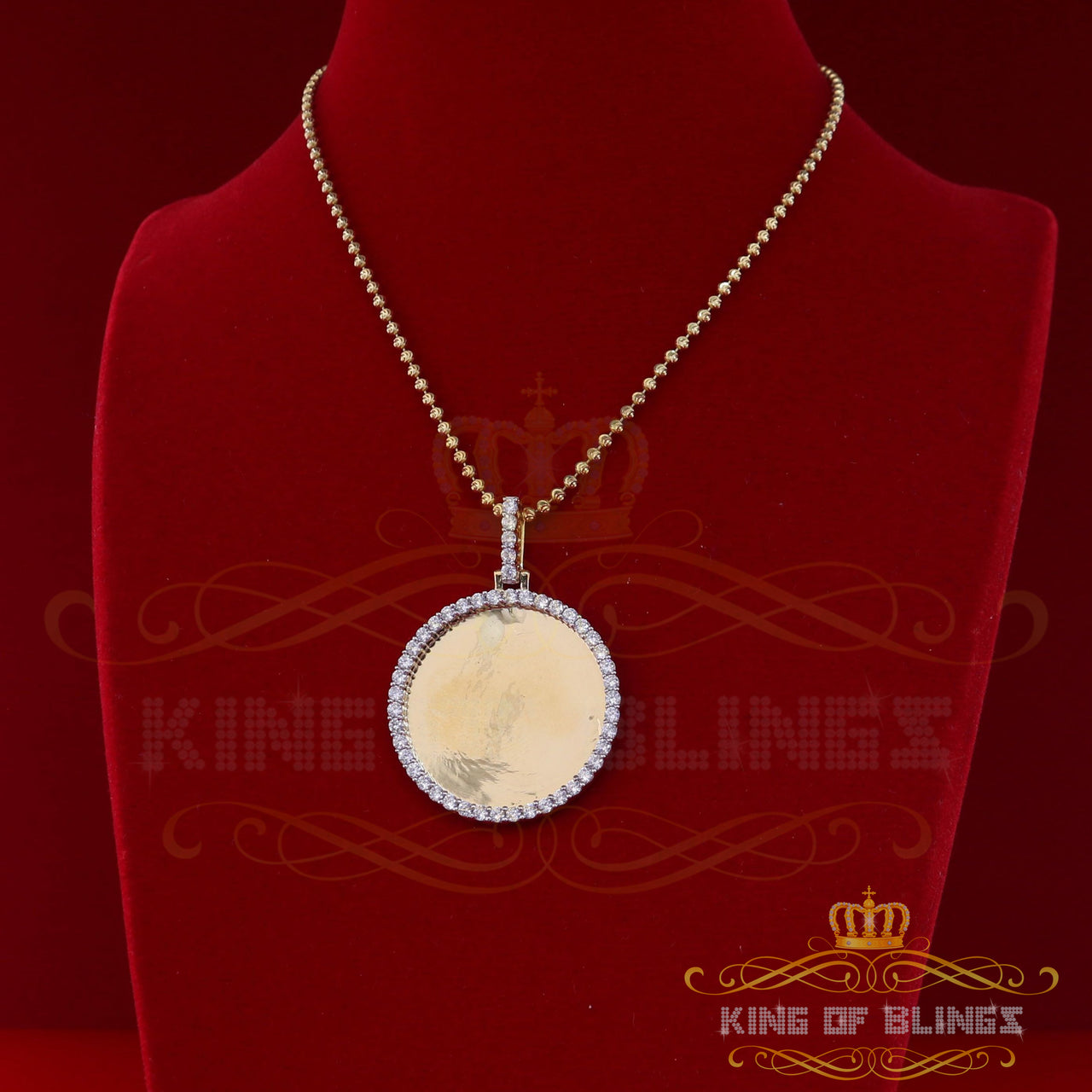 King of Bling's Sterling Silver 1.25" Picture Round Yellow Pendant Round 2.82ct Cubic Zirconia
