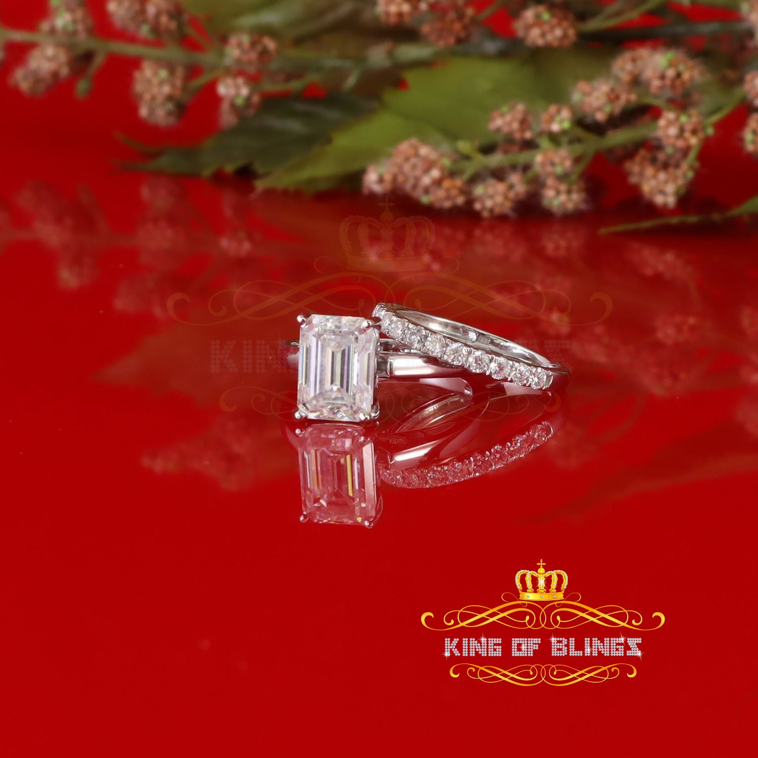 King of Bling's White 5.00ct Moissanite Sterling Silver Mens/Women Bridal Rings Rectangle Size 8 KING OF BLINGS