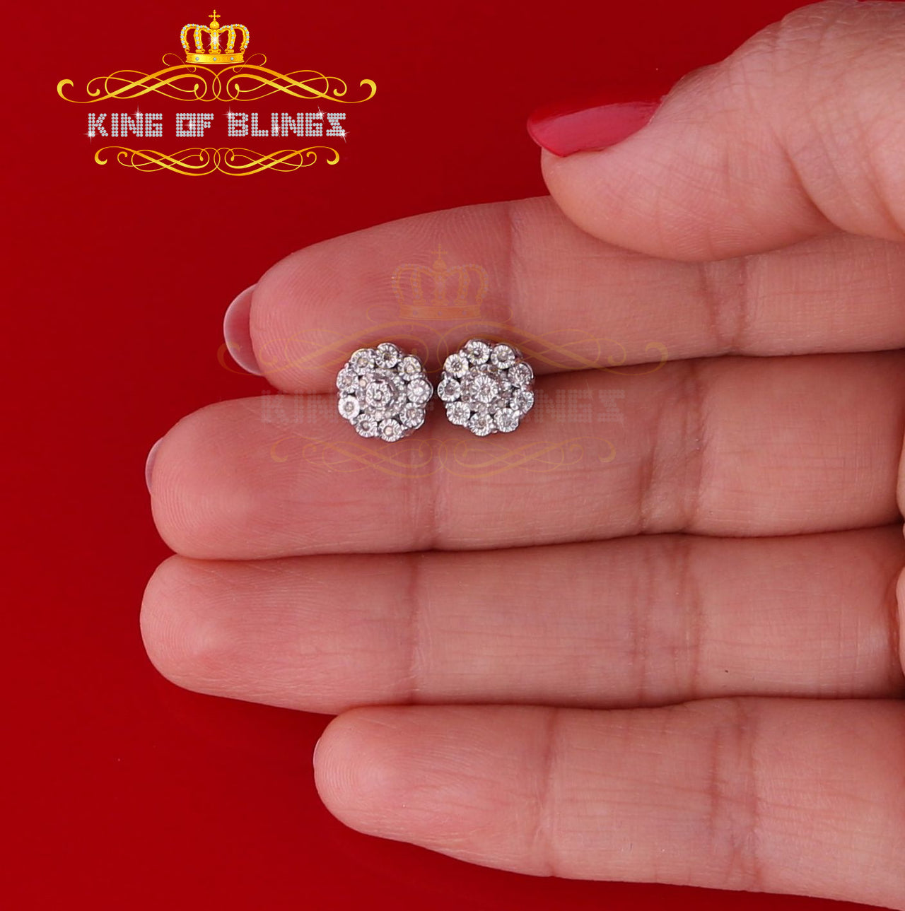 King Of Bling's 0.15ct Diamond 925 Sterling Silver White Floral Earrings For Men's / Women's