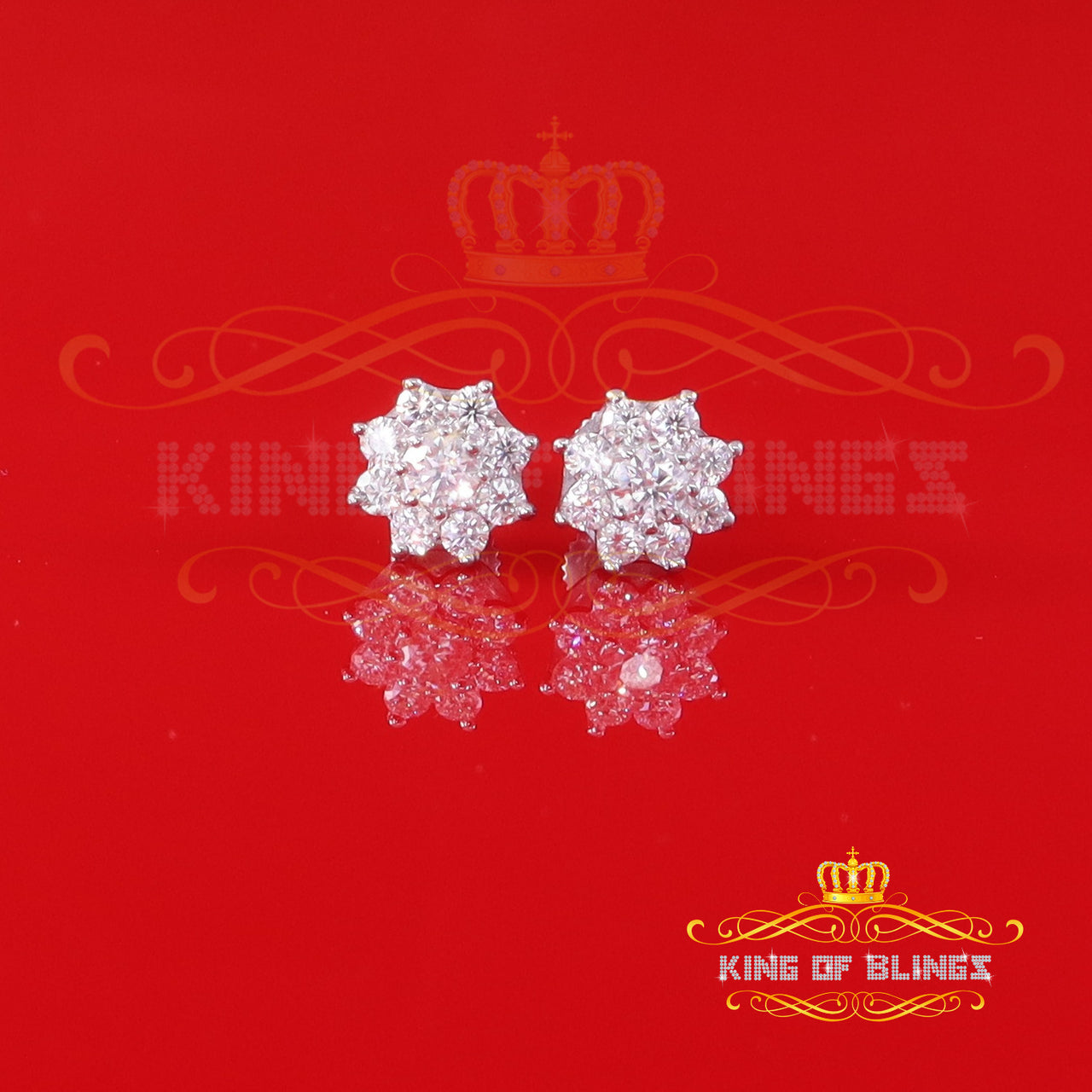 King of Bling's Men's/Womens White  Silver 1.00ct VVS 'D' Moissanite Flower Stud Earrings KING OF BLINGS