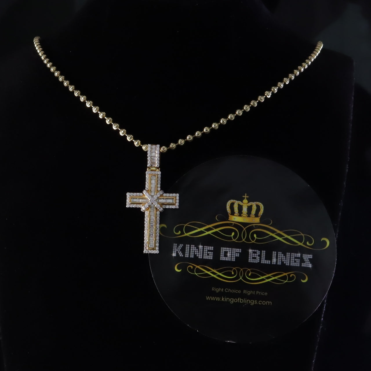 King Of Bling's Women's Yellow 925 Silver 2.0ct VVS D Clr. Moissanite Baguette Cross Pendant for KING OF BLINGS