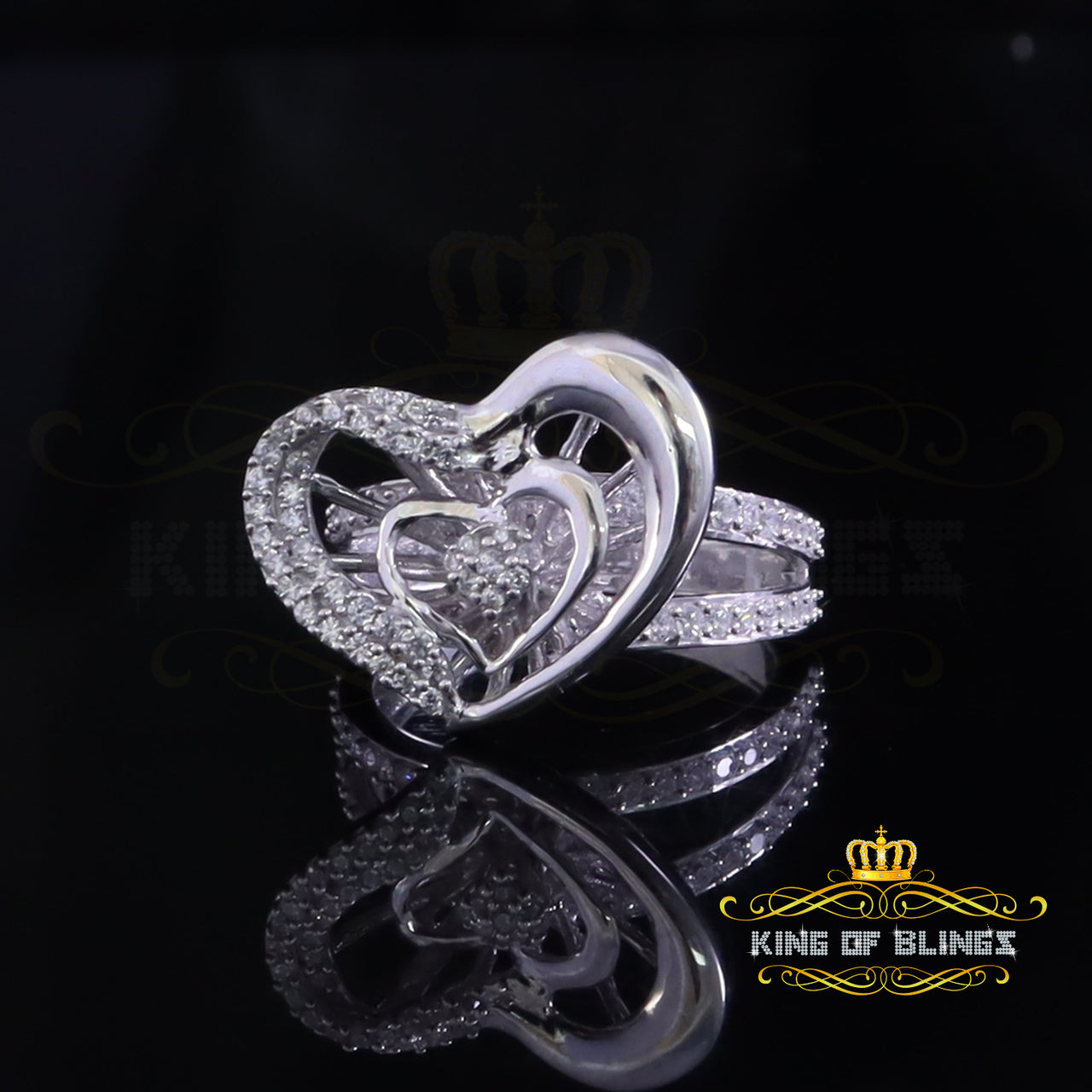 King Of Bling's85 Cubic Zirconia Stones Baggutte 925 Silver White Dual Heart Women Ring Size 7 KING OF BLINGS