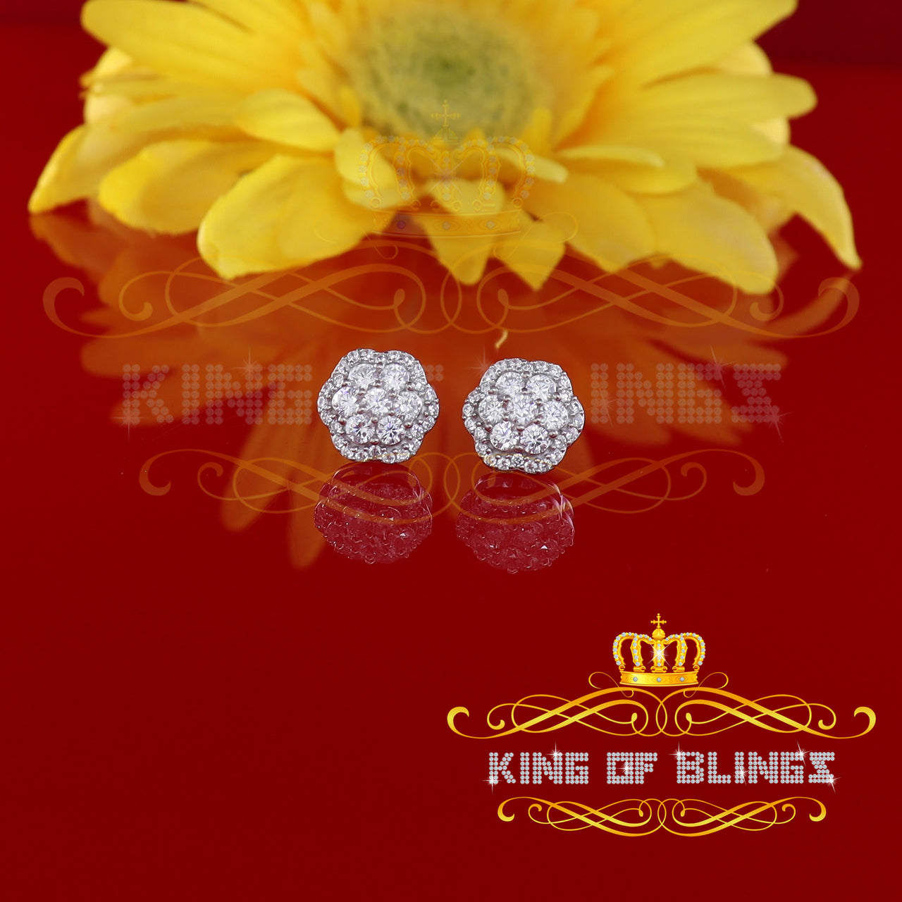 King of Blings- Aretes Para Hombre 925 White Silver 2.7ct Cubic Zirconia Flower Women's Earrings KING OF BLINGS