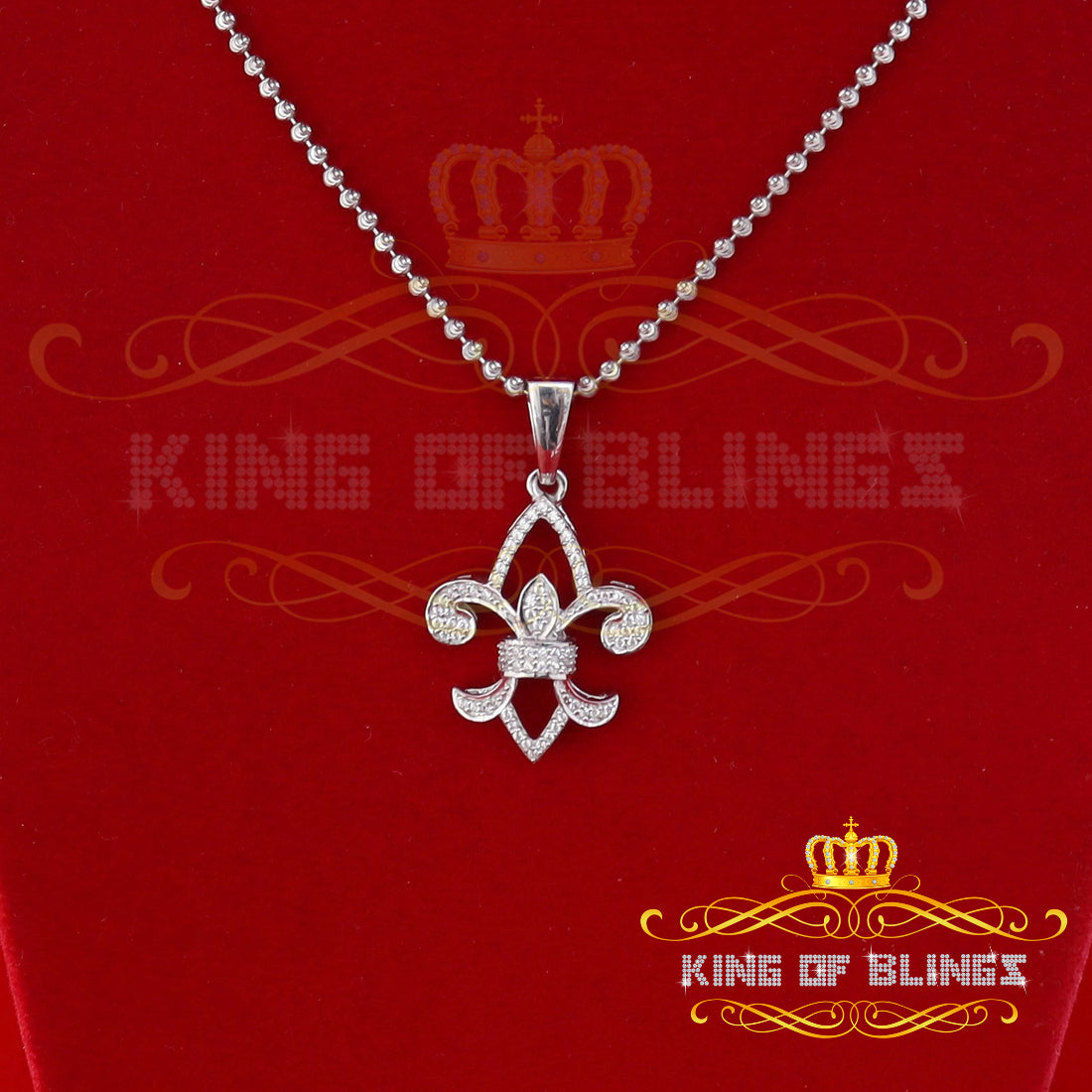 White Fleur de Lis Shape Sterling Silver Pendant with 0.78ct Cubic Zirconia KING OF BLINGS