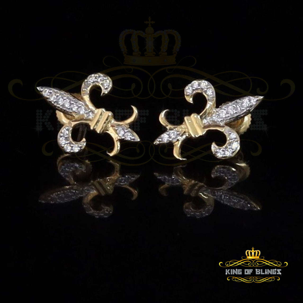 King of Bling's 925 Yellow Silver Fleur de Lis Screw Back 0.25ct Cubic Zirconia Ladies Earrings KING OF BLINGS