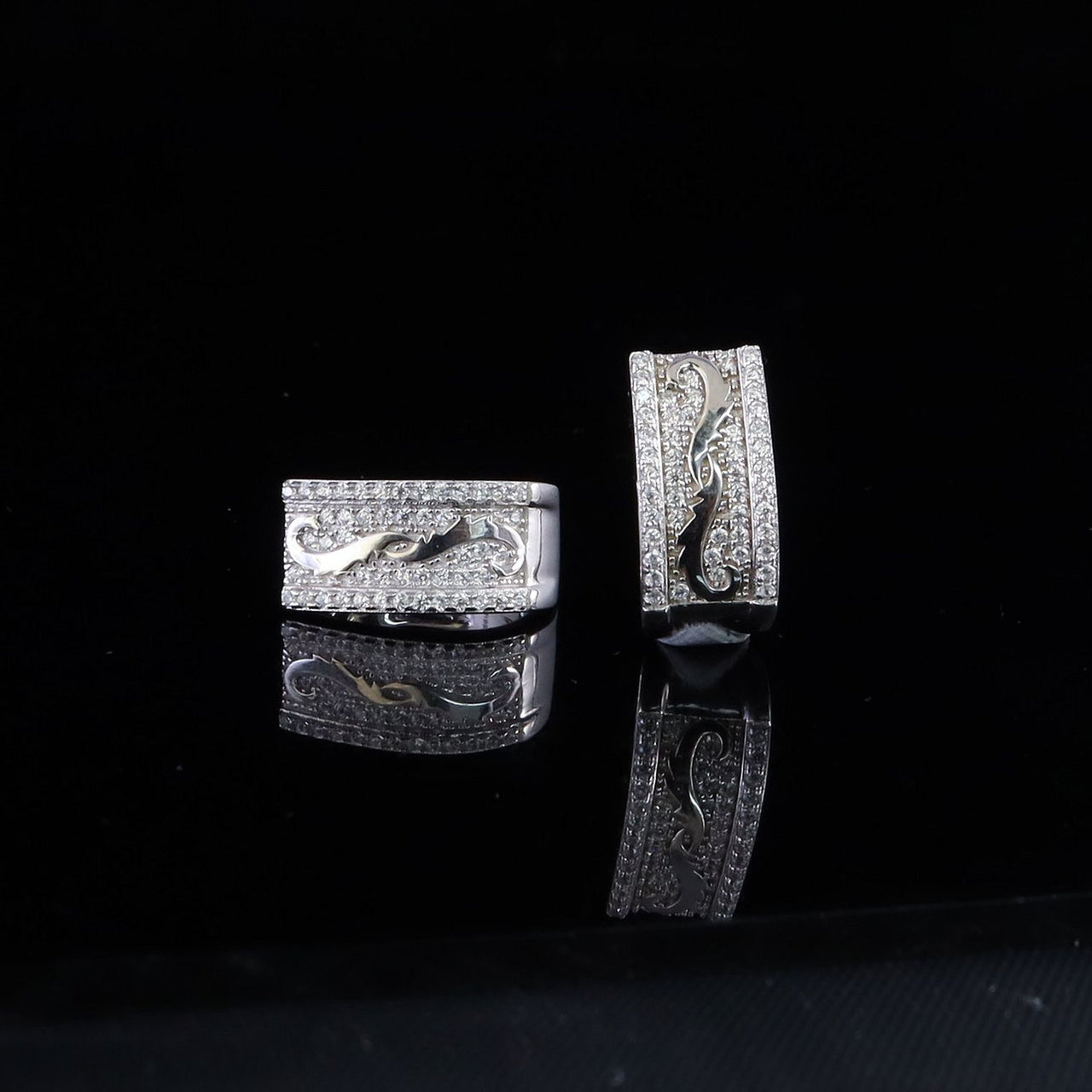 King of Bling's Hip hop Mens white Gold 925 Sterling Silver Iced 3 row Huggie Hoop earrings