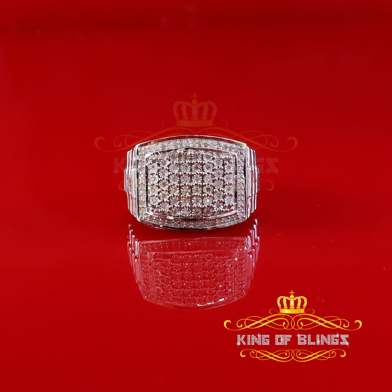 King Of Bling's Big Mirage Set Rectangle 0.40ct Real Diamond 925 White Silver Mens Ring Size 10