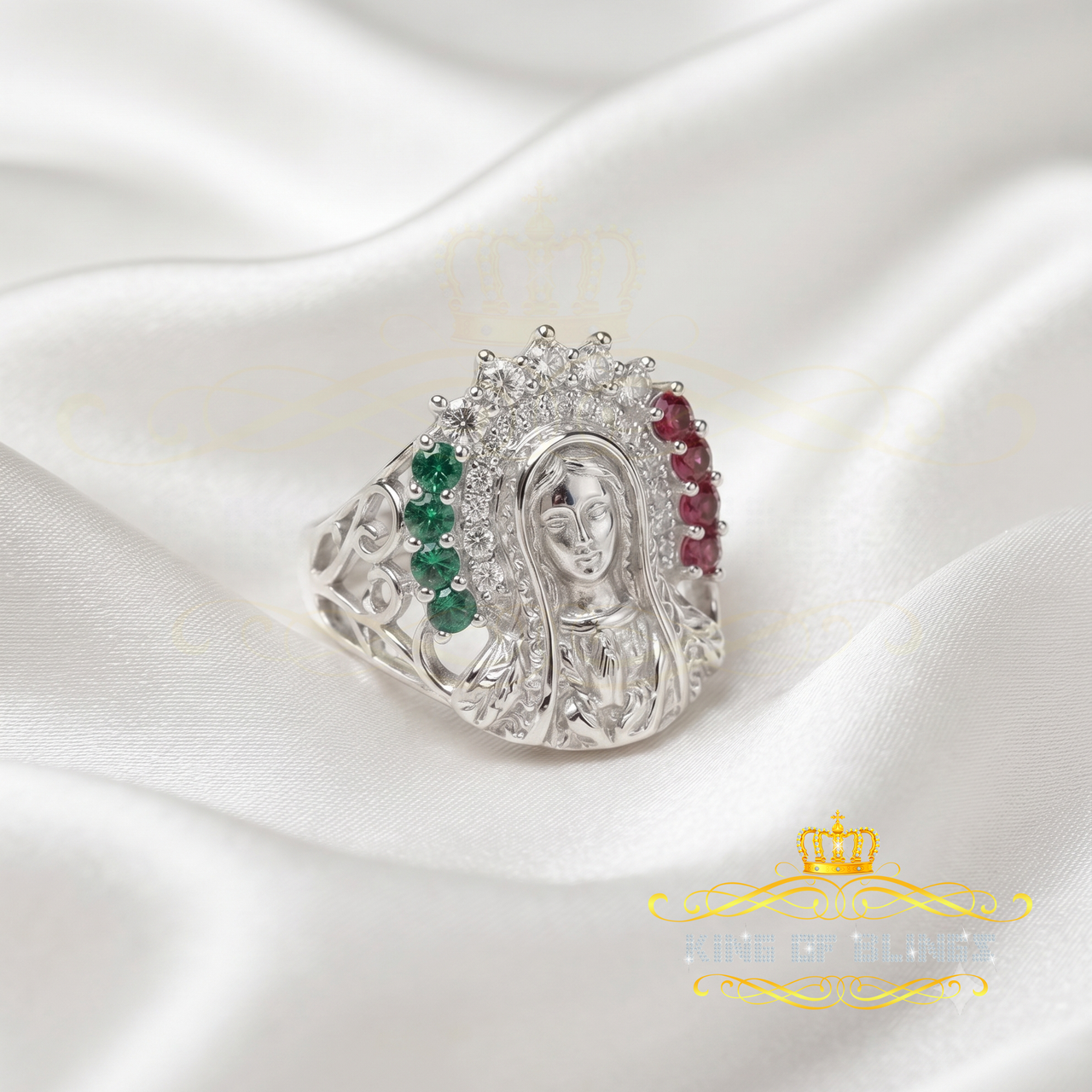 King Of Bling'sReligious White 925 Silver Cubic Zirconia Mother Mary Face Women's Ring Size 7