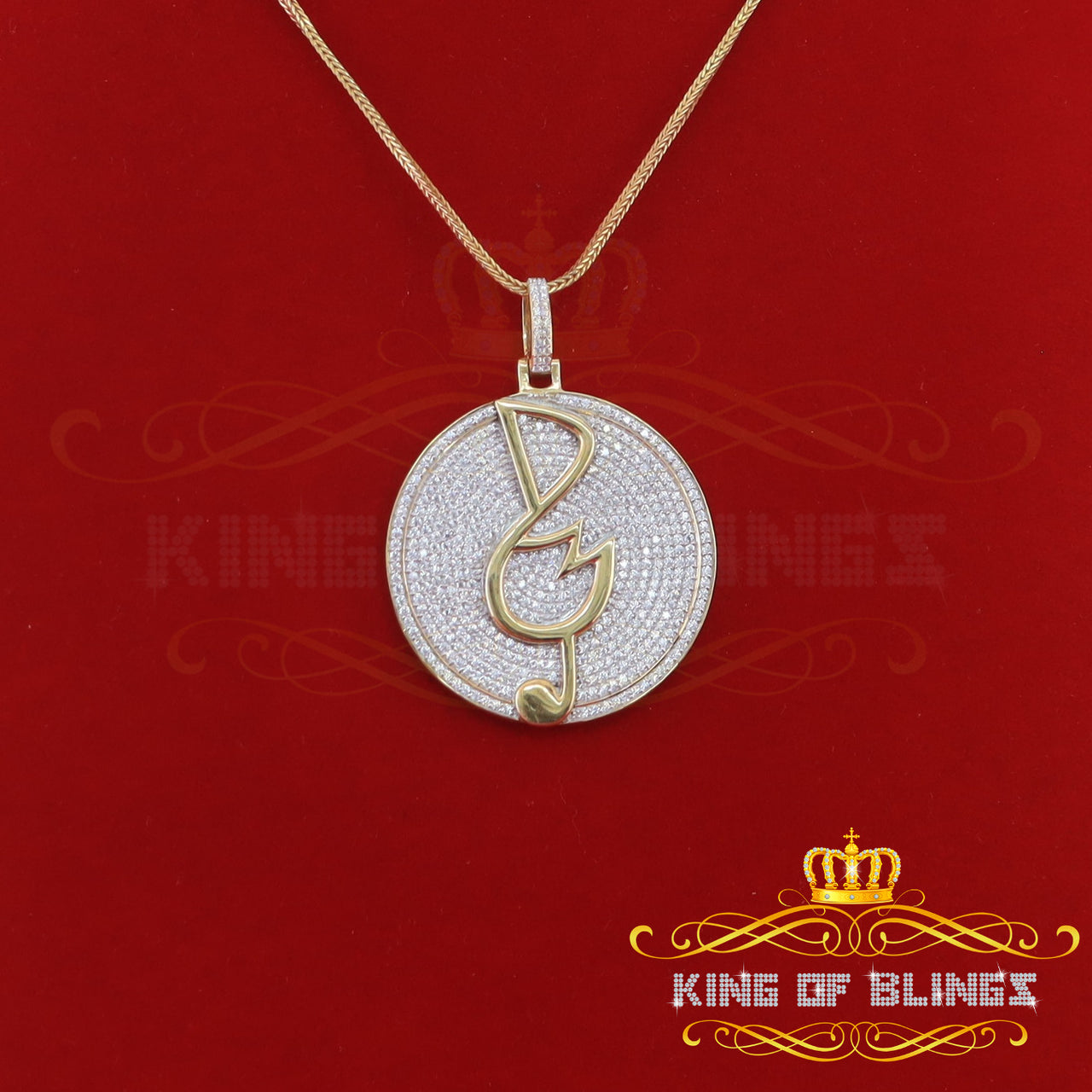 King Of Bling's Yellow 925 Sterling Silver Circle Music Sign Pendant with 3.74ct Cubic Zirconia