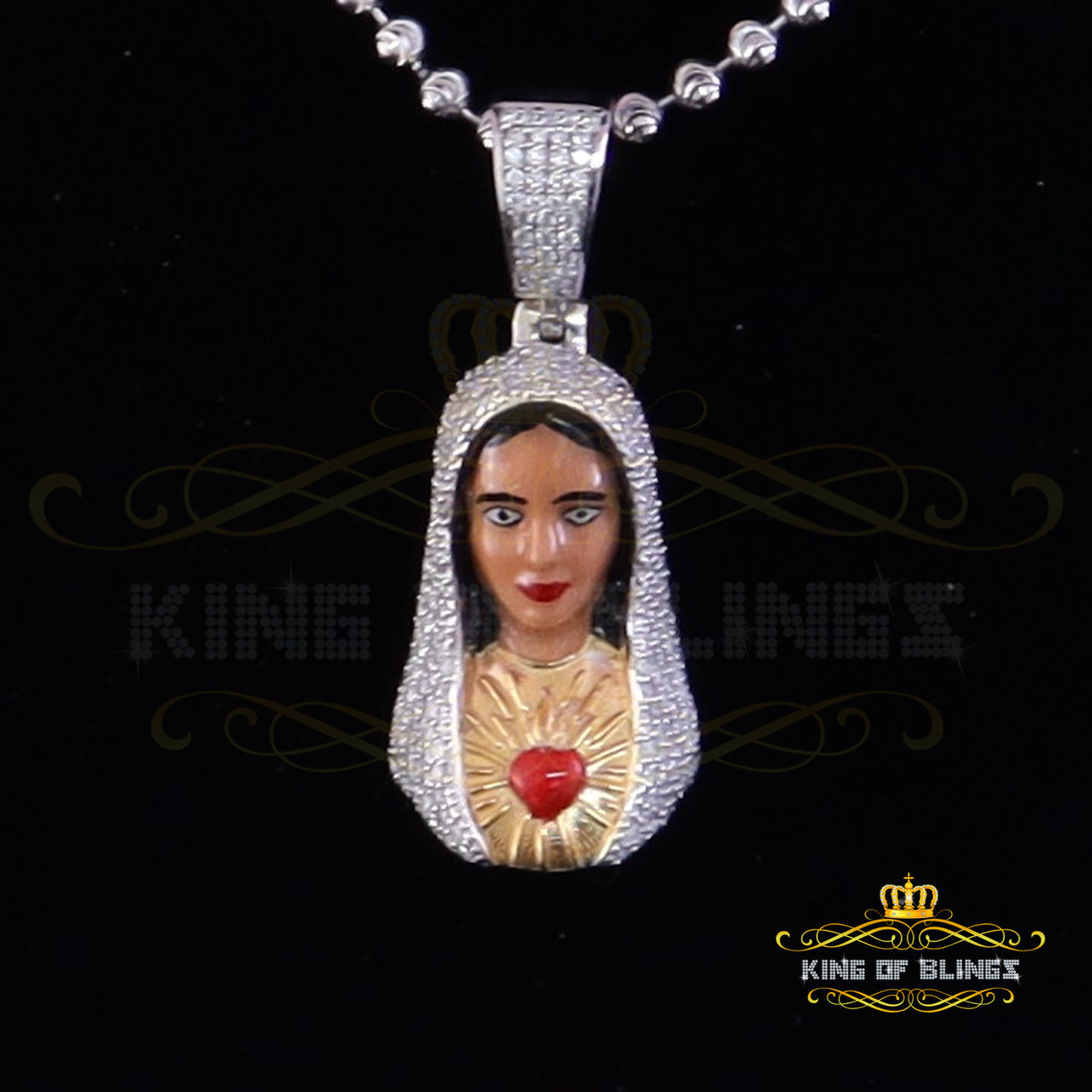 King Of Bling's 925 Silver White Immaculate Heart MOTHER MARY 1.70 inch Pendant 3ct Moissanite KING OF BLINGS