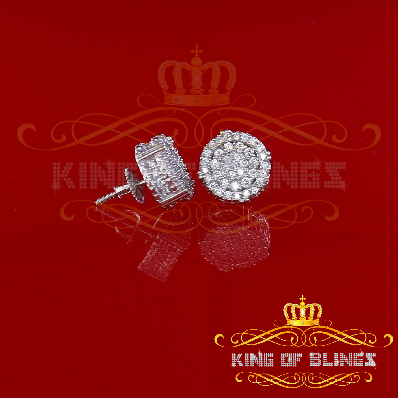 King of Blings- White Sterling Silver 1.32ct Cubic Zirconia Hip Hop Round Earrings for women's KING OF BLINGS