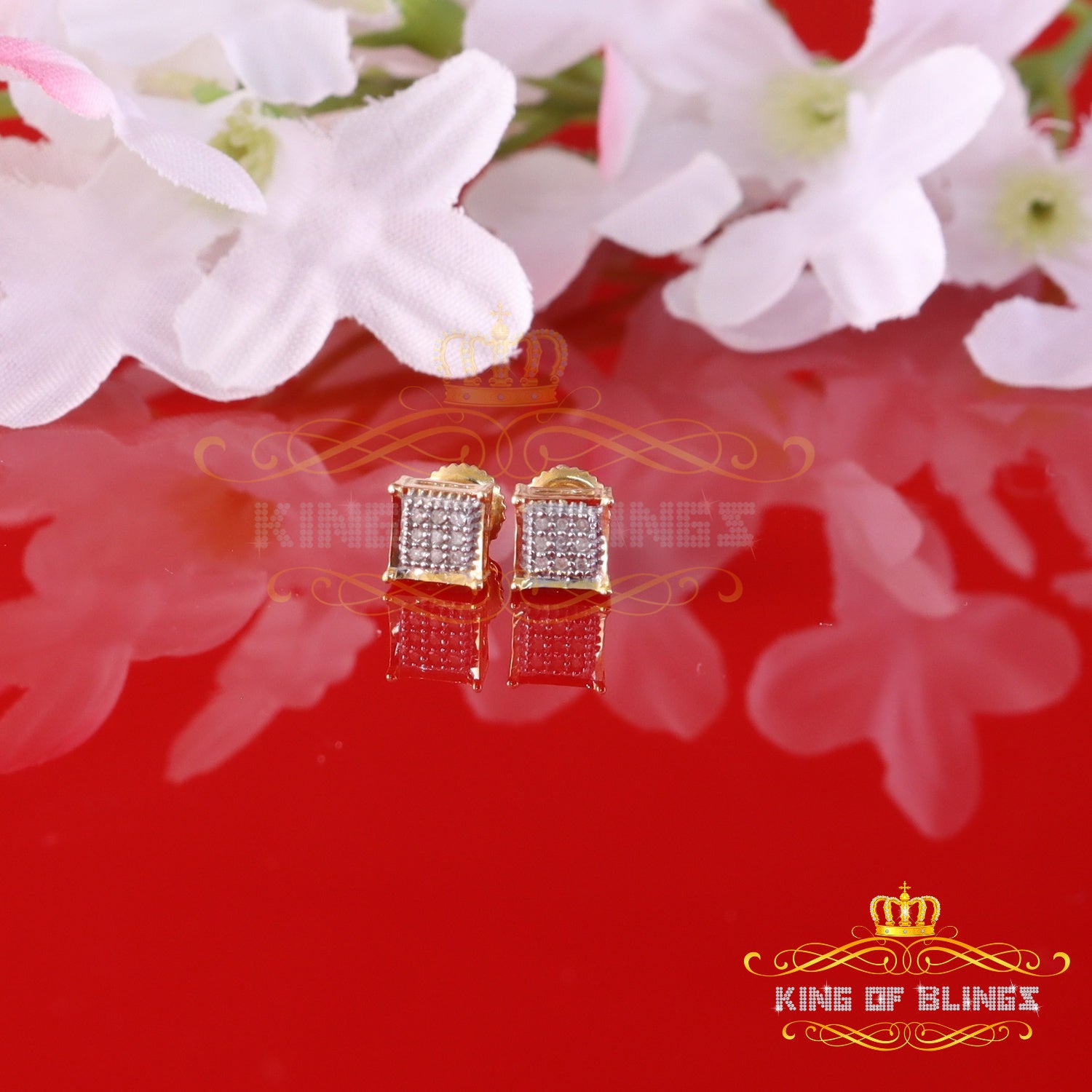 King of Blings-925 Sterling Silver 0.05ct Genuine Diamond Women's & Men's Yellow Square Earring KING OF BLINGS