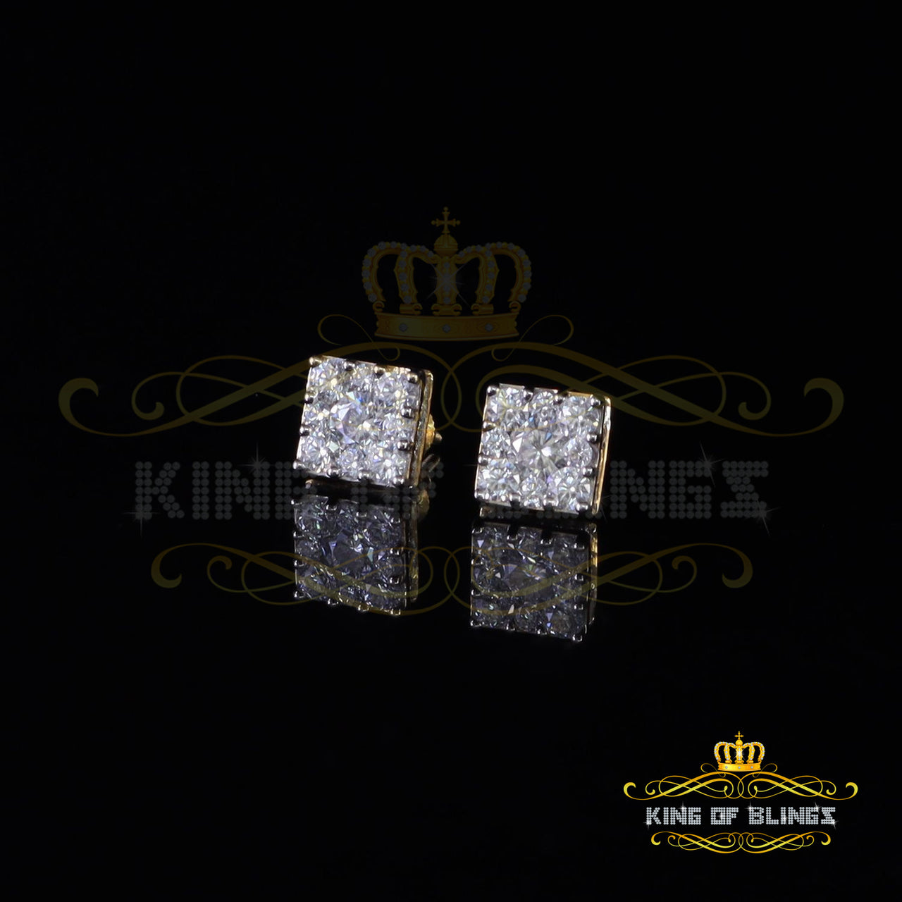 King Of Bling's Real Moissanite Square Earrings 10k Real Yellow Gold 2.25ct VVS 'D' Color