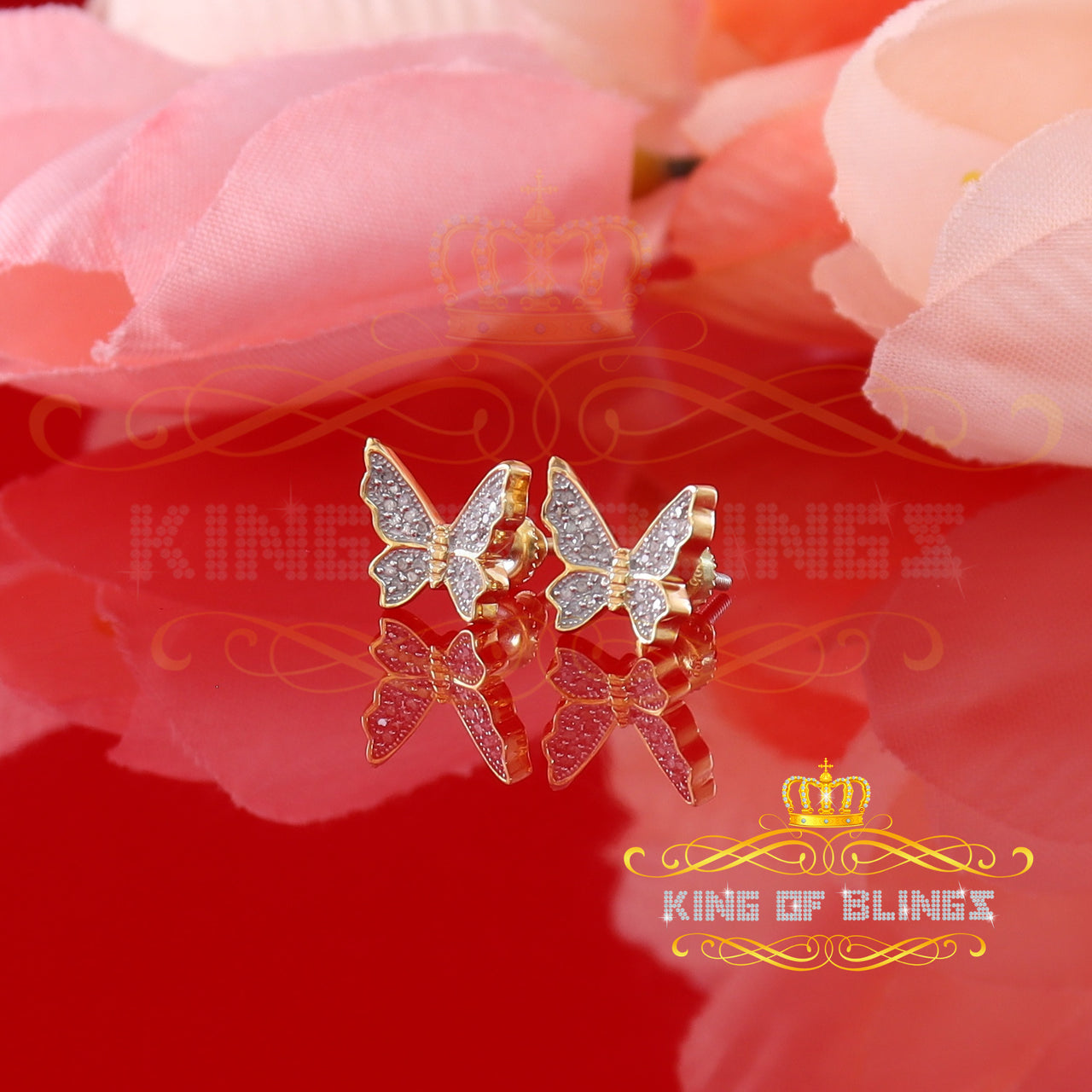King of Blings-Women's 0.15ct Real Diamond Butterfly Stud Earrings Yellow 925 Sterling Silver