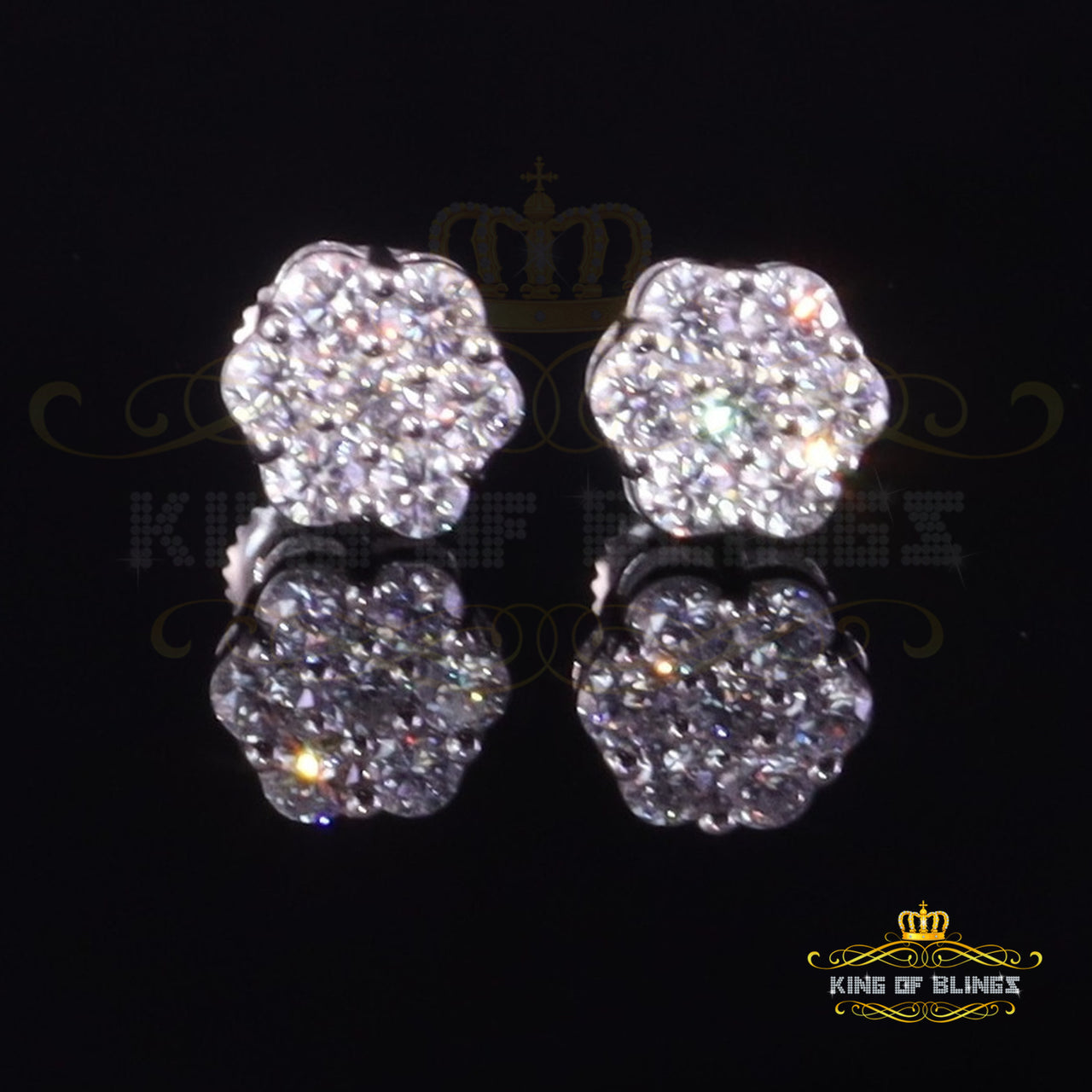 King of Bling's Men's/Womens 925 Silver White 0.50ct VVS 'D' Moissanite Floral Stud Earrings KING OF BLINGS