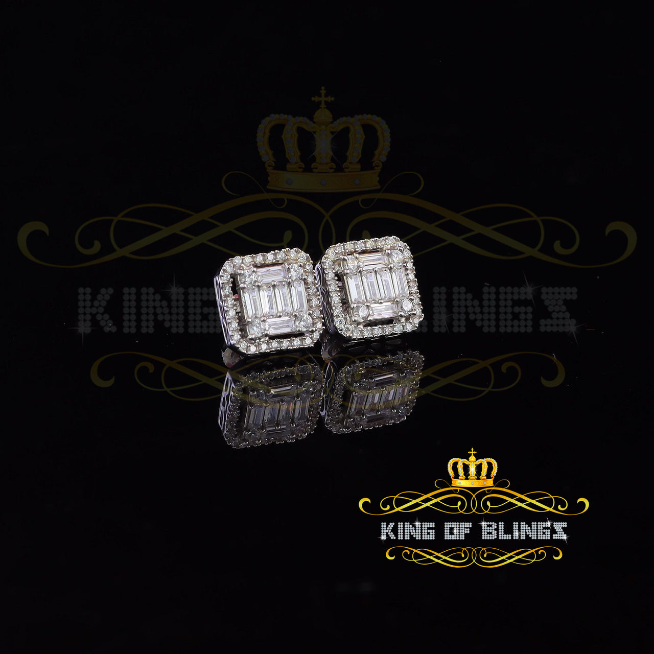 King of Bling's White 925 Silver 0.96ct Cubic Zirconia Women's Hip Hop Baugette Square Earrings