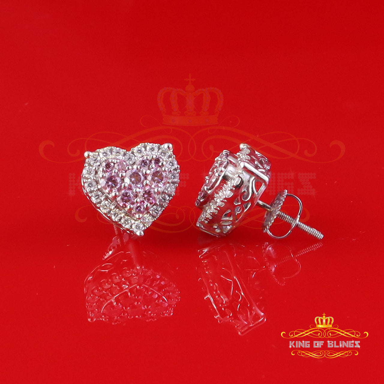 King of Bling's New Men's/Women's 1.66 ct VVS D Pink Moissanite 925 Silver White Heart Earrings