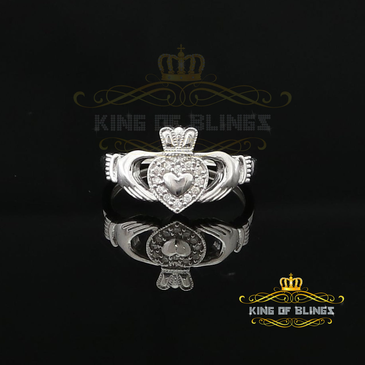 King Of Bling'sSterling White Silver 0.16ct Cubic Zirconia Claddagh Heart Crown Womens Ring SZ 7 KING OF BLINGS