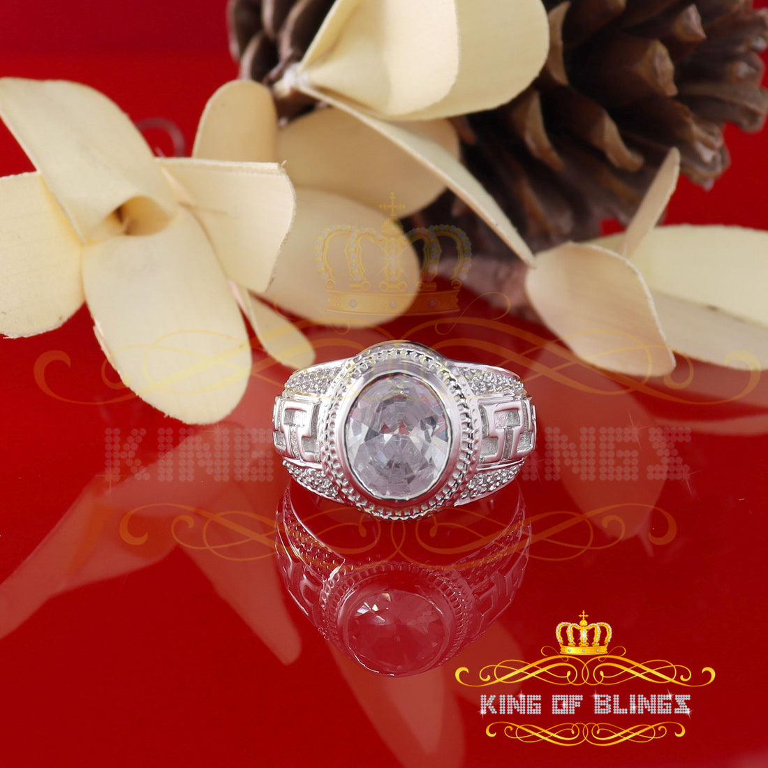 King Of Bling's8.10ct White Silver Oval Cubic Zirconia Men's Adjustable Ring From SZ 9 to 10