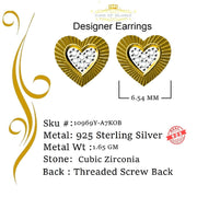 King of Bling's Aretes Para Hombre 925 Yellow Silver 1.28ct Cubic Zirconia Heart Women Earring KING OF BLINGS